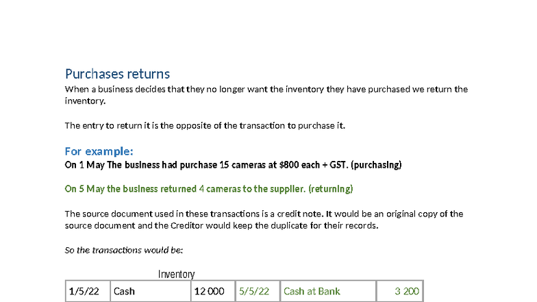 Purchases & Sales Returns Example: Inventory Transactions Guide - Studocu