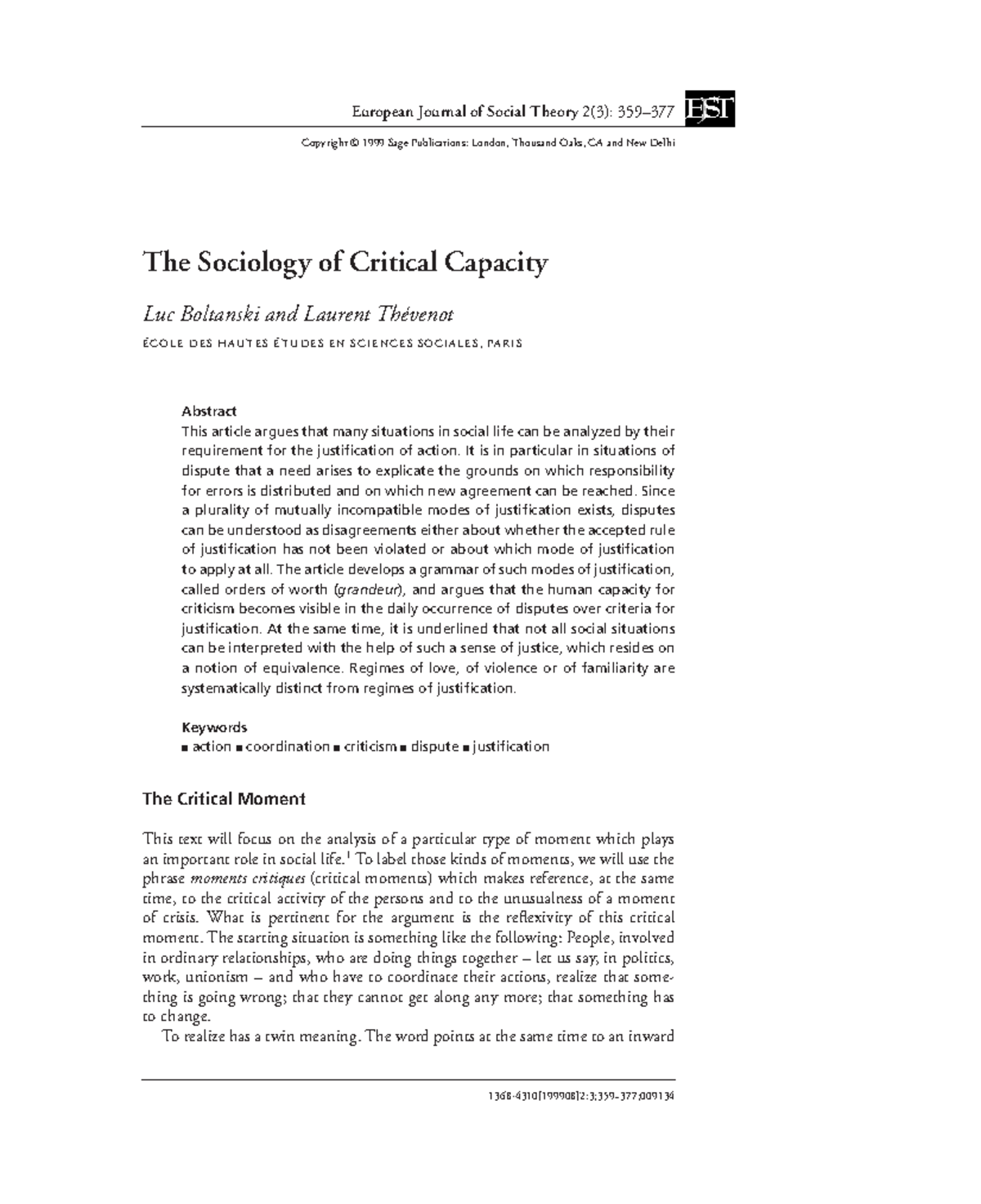 Sociology of Critical Capacity: Boltanski & Thévenot Analysis - Studocu