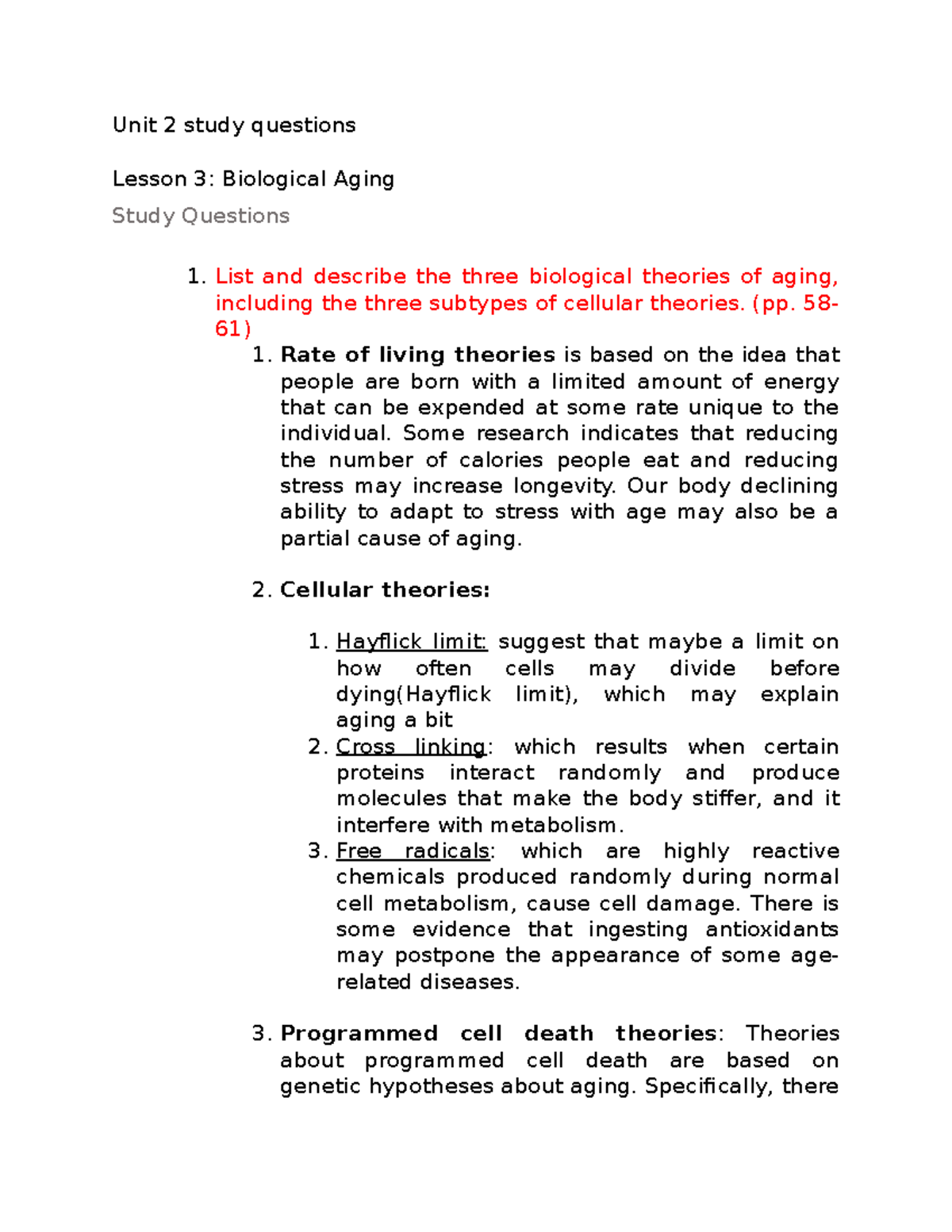 Psyc381-Unit 2 Study Questions on Biological Aging and Health - Studocu