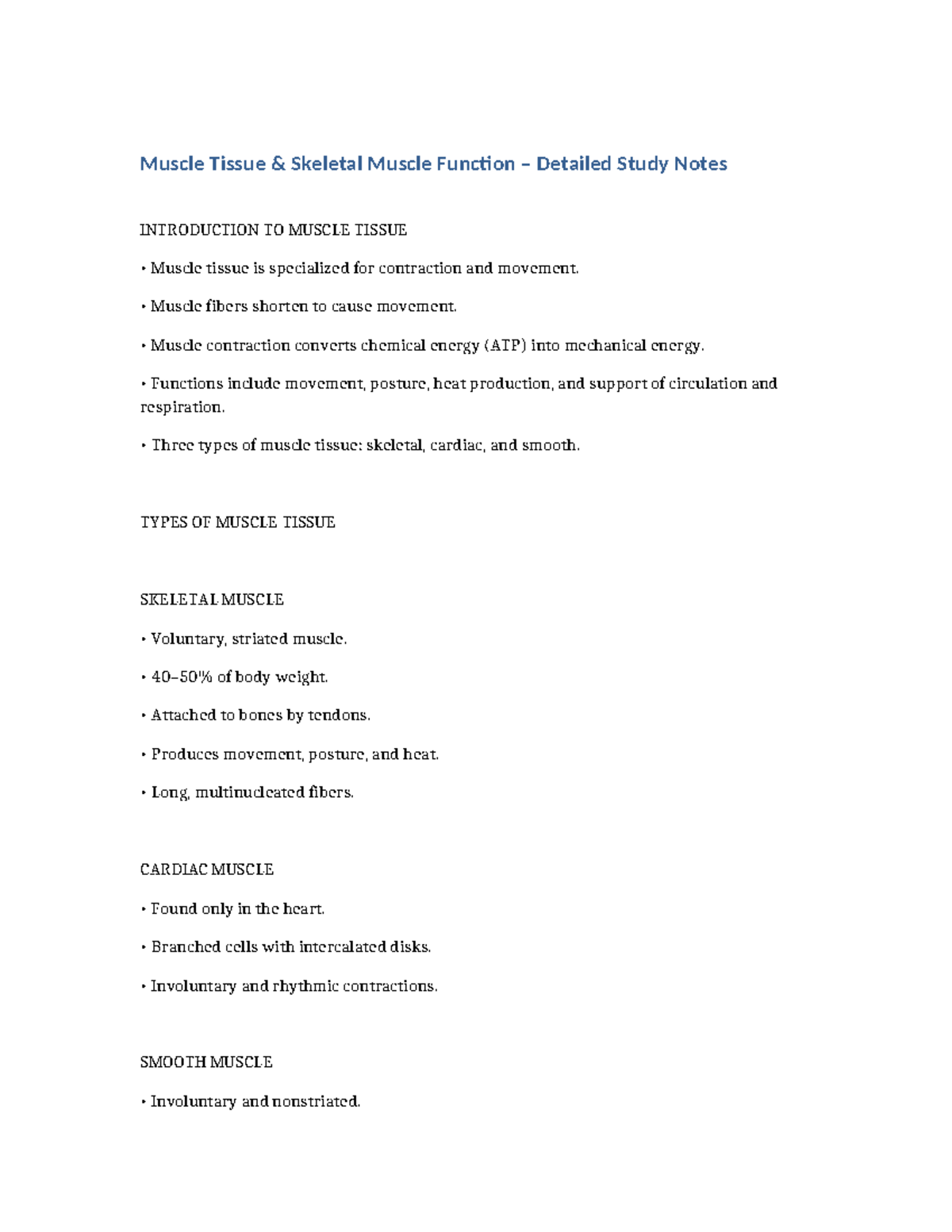 Muscle Tissue (BIO101) Detailed Study Notes on Skeletal Muscle ...