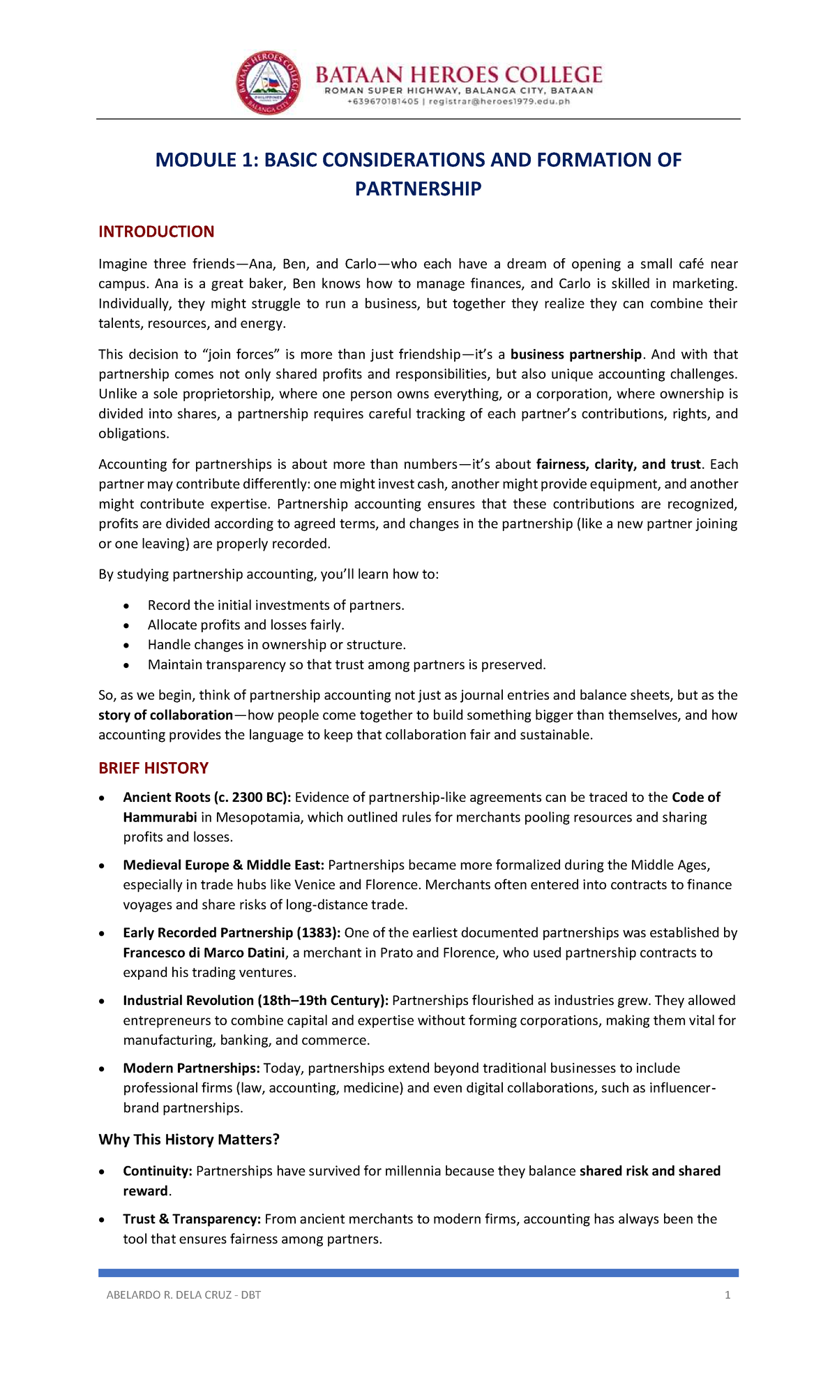 DBT 1: Module 1 - Partnership Formation and Accounting Principles - Studocu