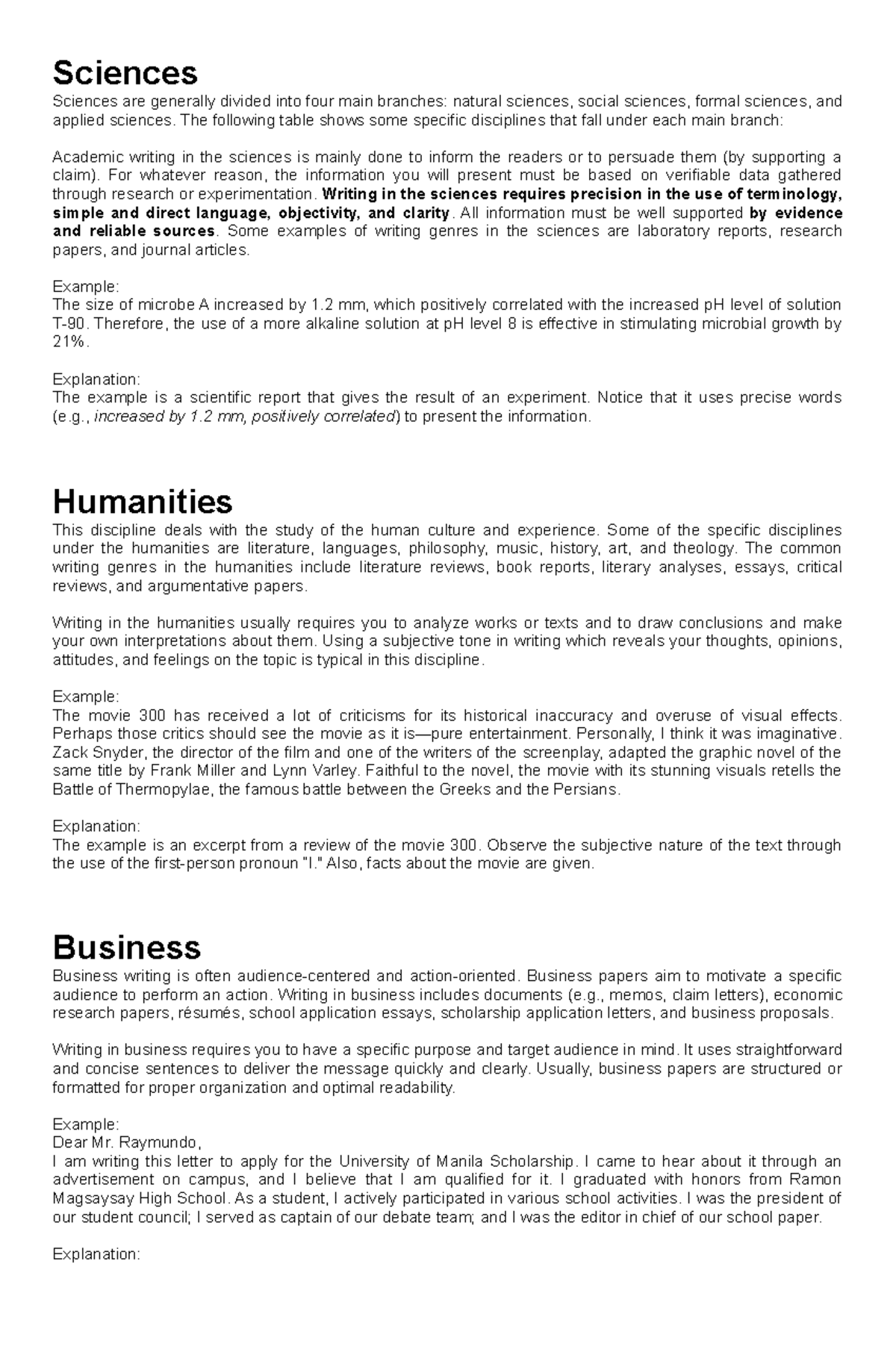 Sciences, Humanities, and Business Writing Overview & Examples - Studocu