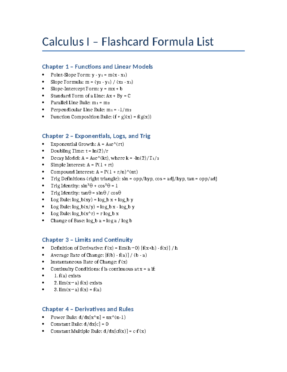 Calculus I – Comprehensive Flashcards: Key Formulas & Concepts - Studocu