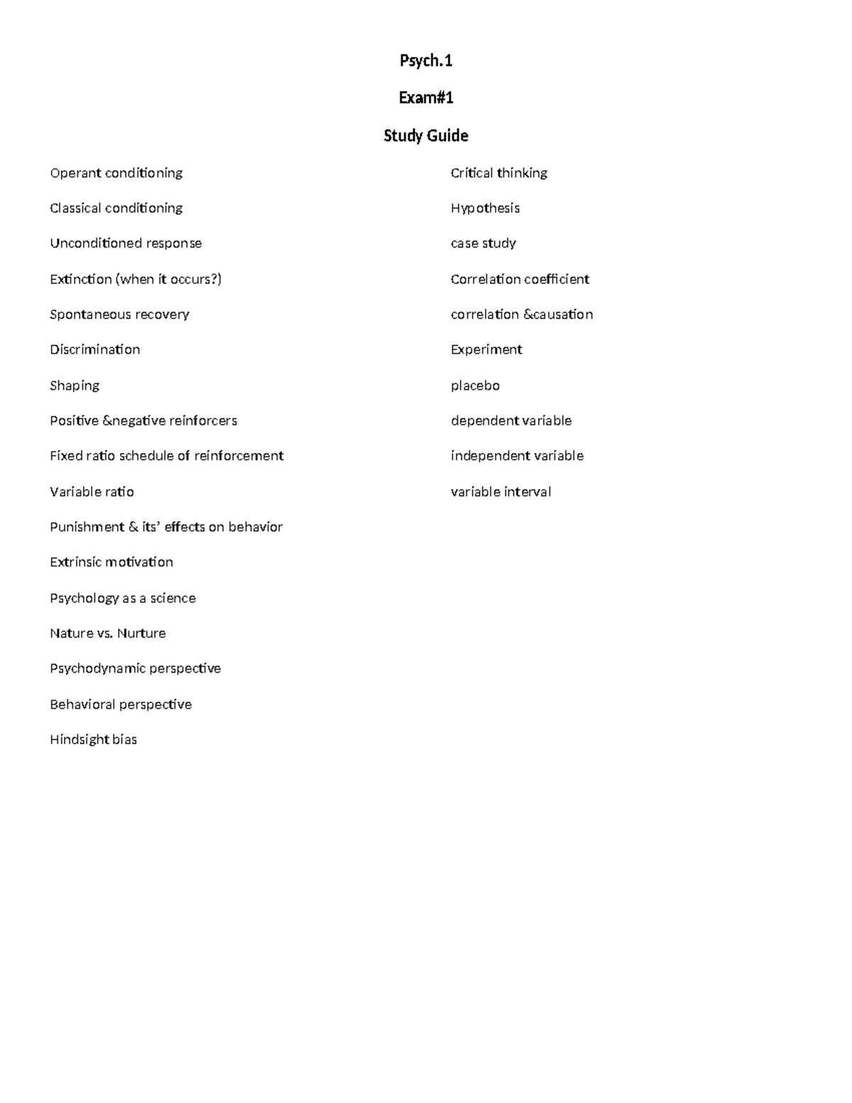 Psychology 101 Exam #1 Study Guide on Conditioning and Behavior ...