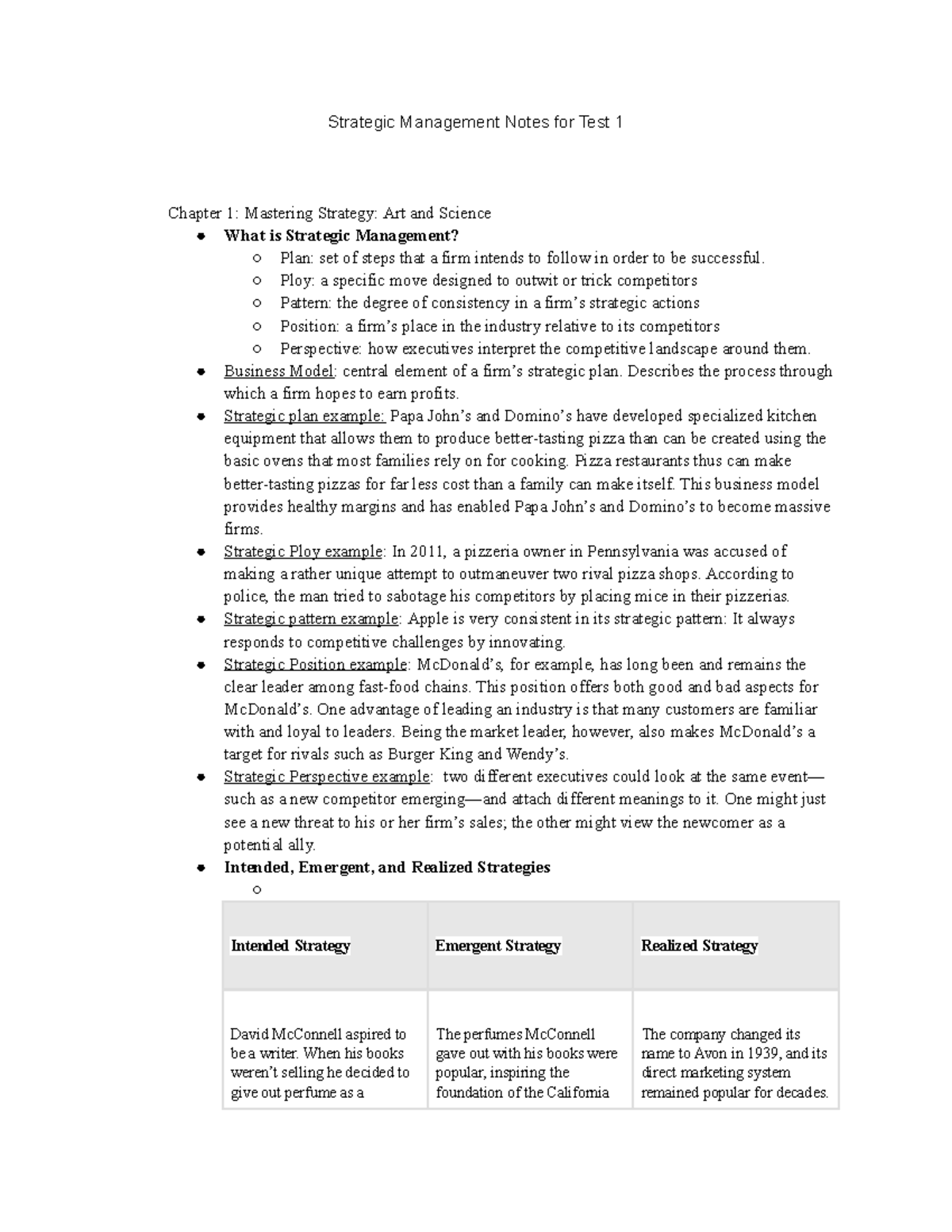Strategic Management Ch. 1 - Strategic Management Notes for Test 1 ...