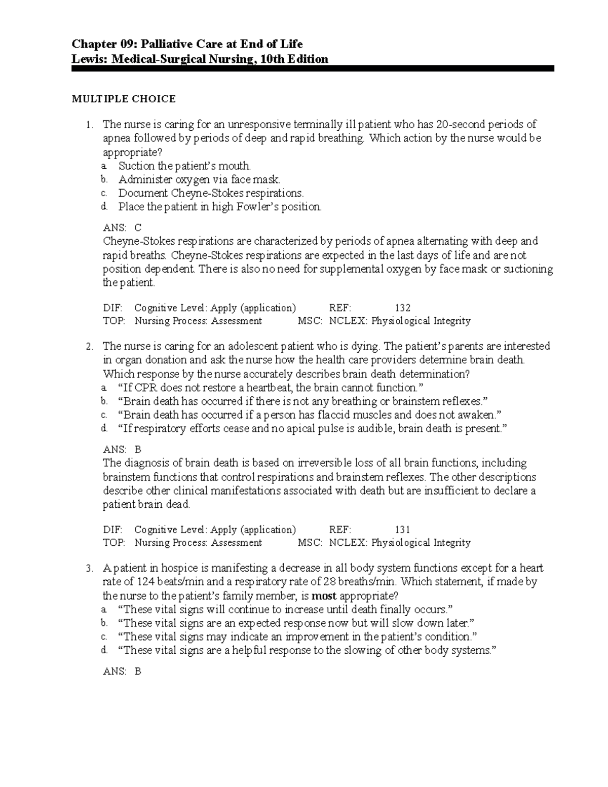 C9 - Chapter 9 Test Bank: Palliative Care & End-of-Life Nursing - Studocu