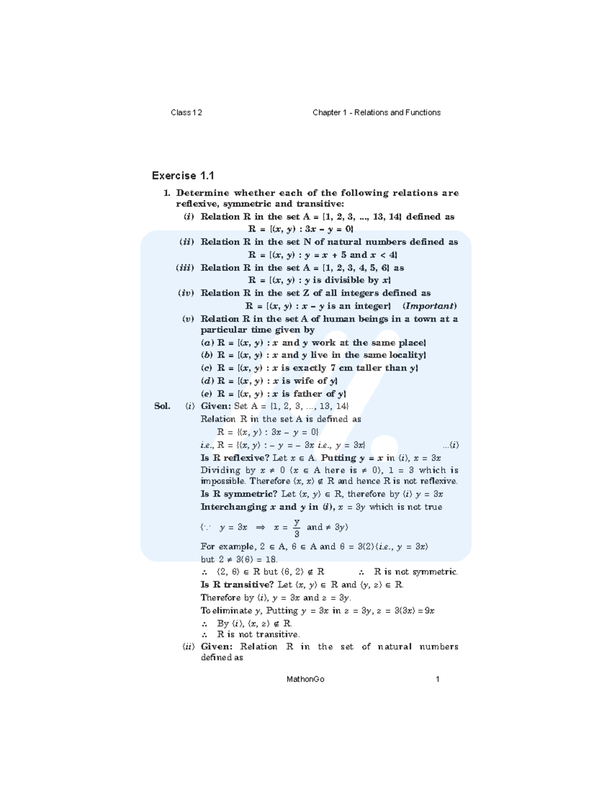 Class 12 Chapter 1 Relations and Functions Exercise 1.1 Solutions and ...