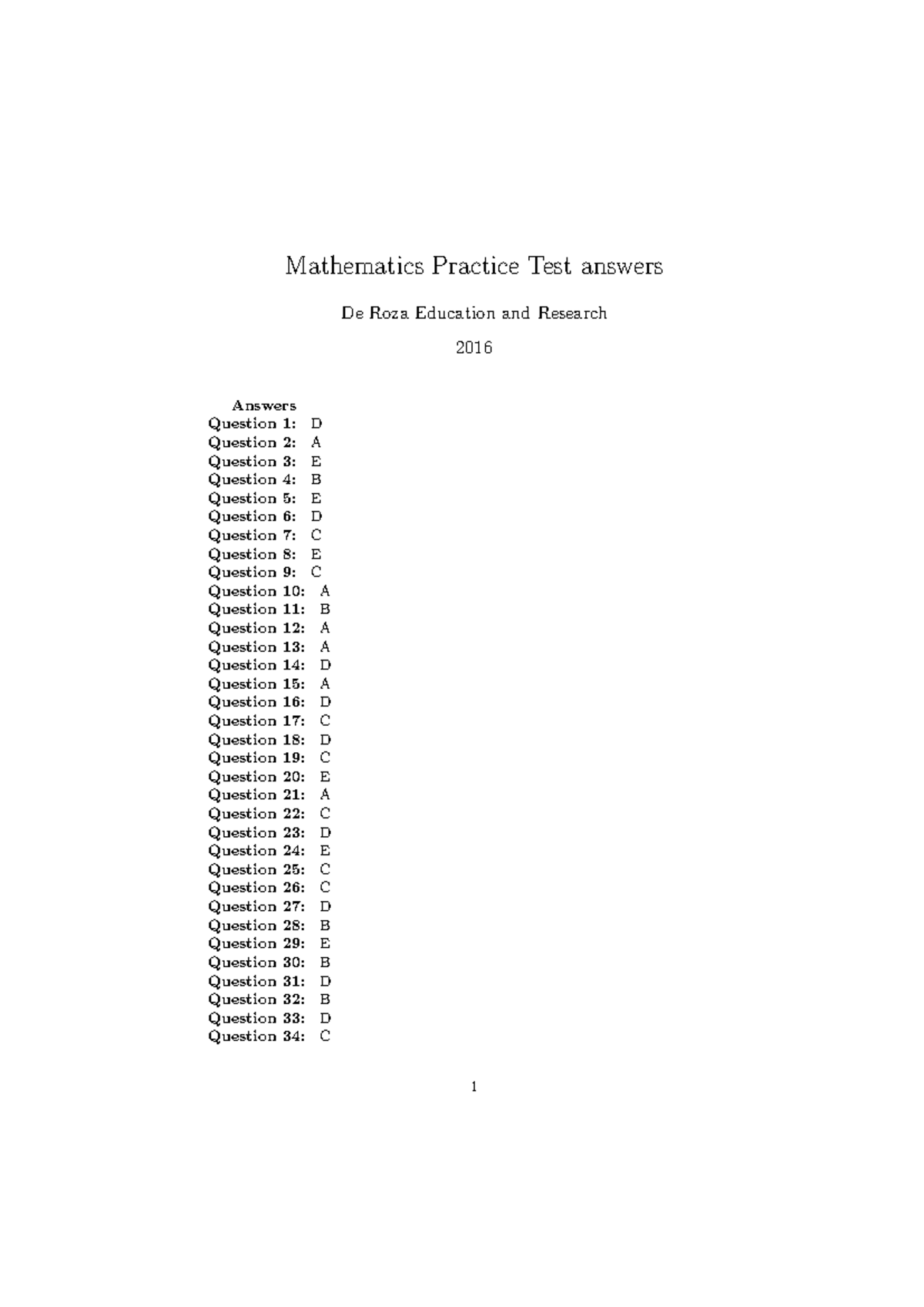 Maths 1 Practice Test Answers - EduTest 2016 - Studocu