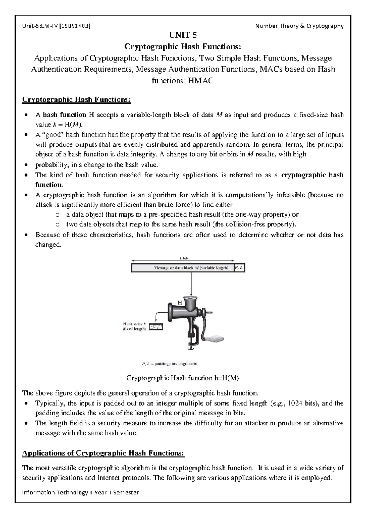 NTC-UNIT-5 - cryptography - UNIT 5 Cryptographic Hash Functions ...