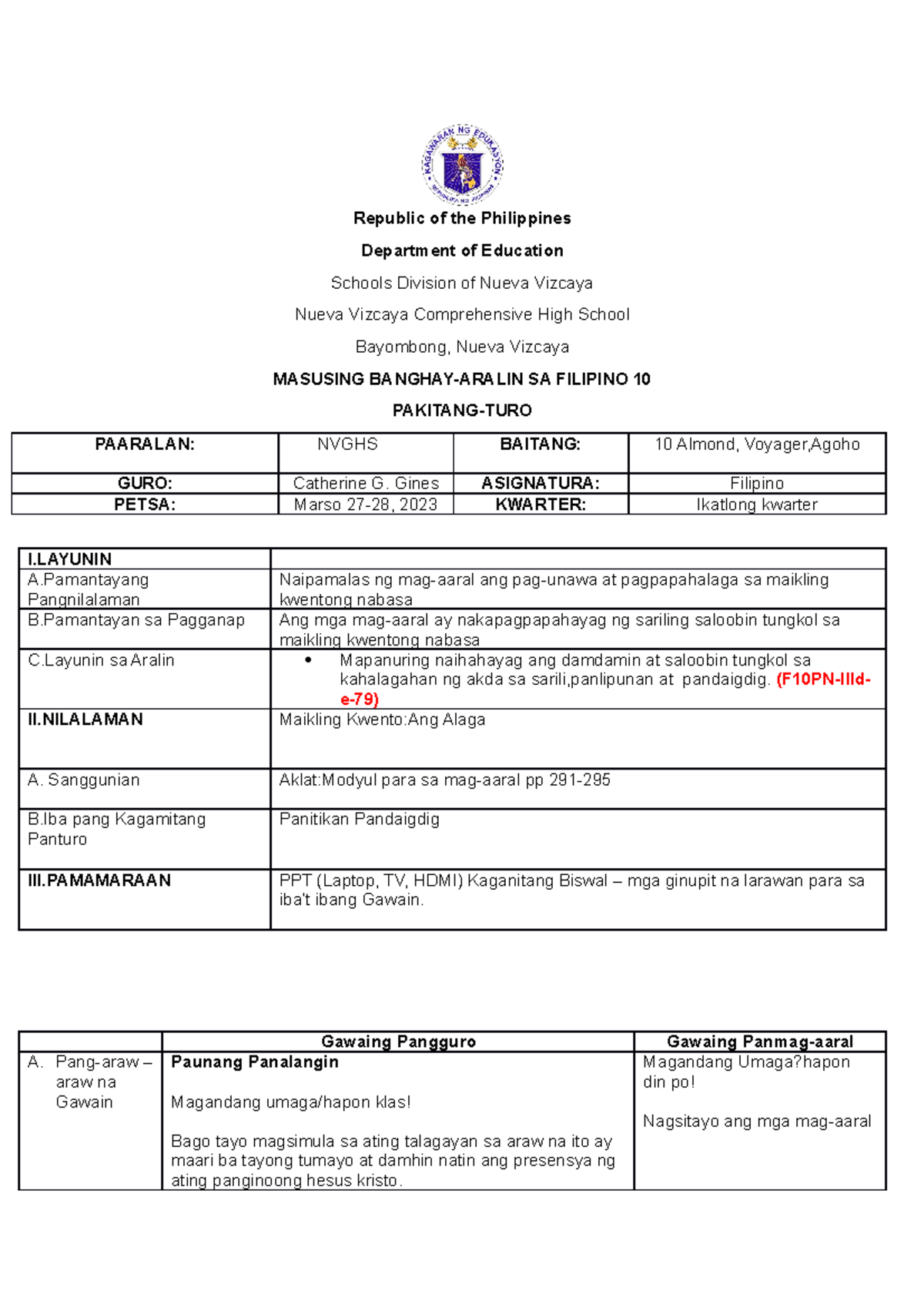 Masusing Banghay-Aralin sa Filipino 10: Alaga ni Barbara Kimenye - Studocu