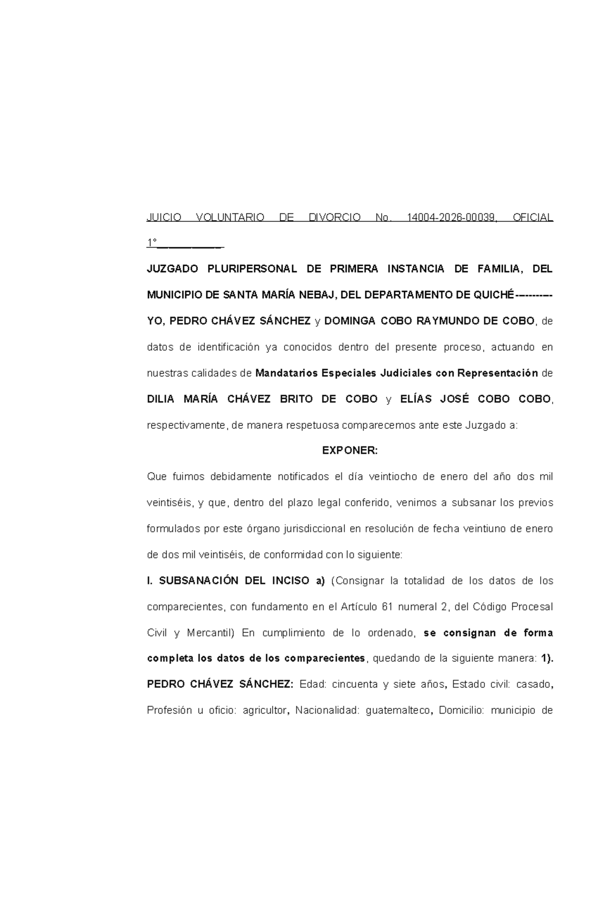 JUICIO VOLUNTARIO DE DIVORCIO - SUBSANACIÓN DE PREVIOS - Document Preview