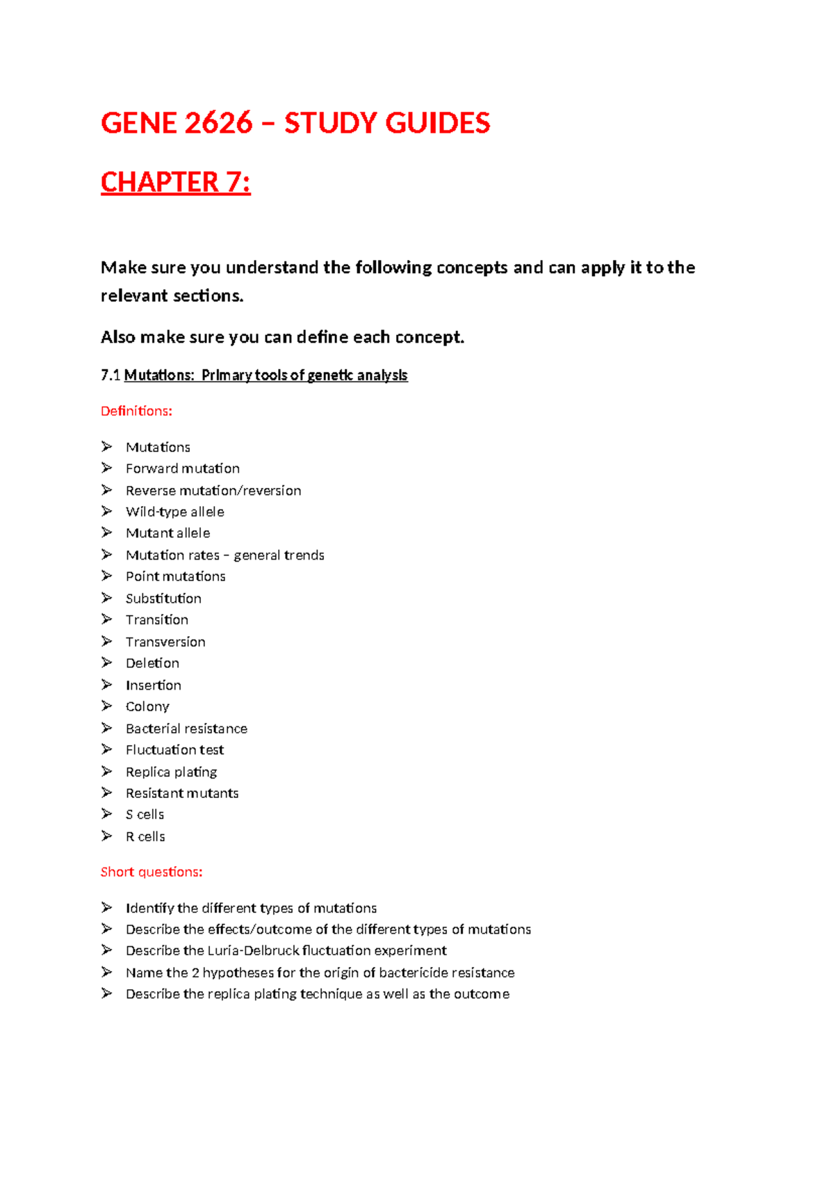 GENE 2626 - Study Guide: Chapter 7 - Mutations & Genetic Analysis ...