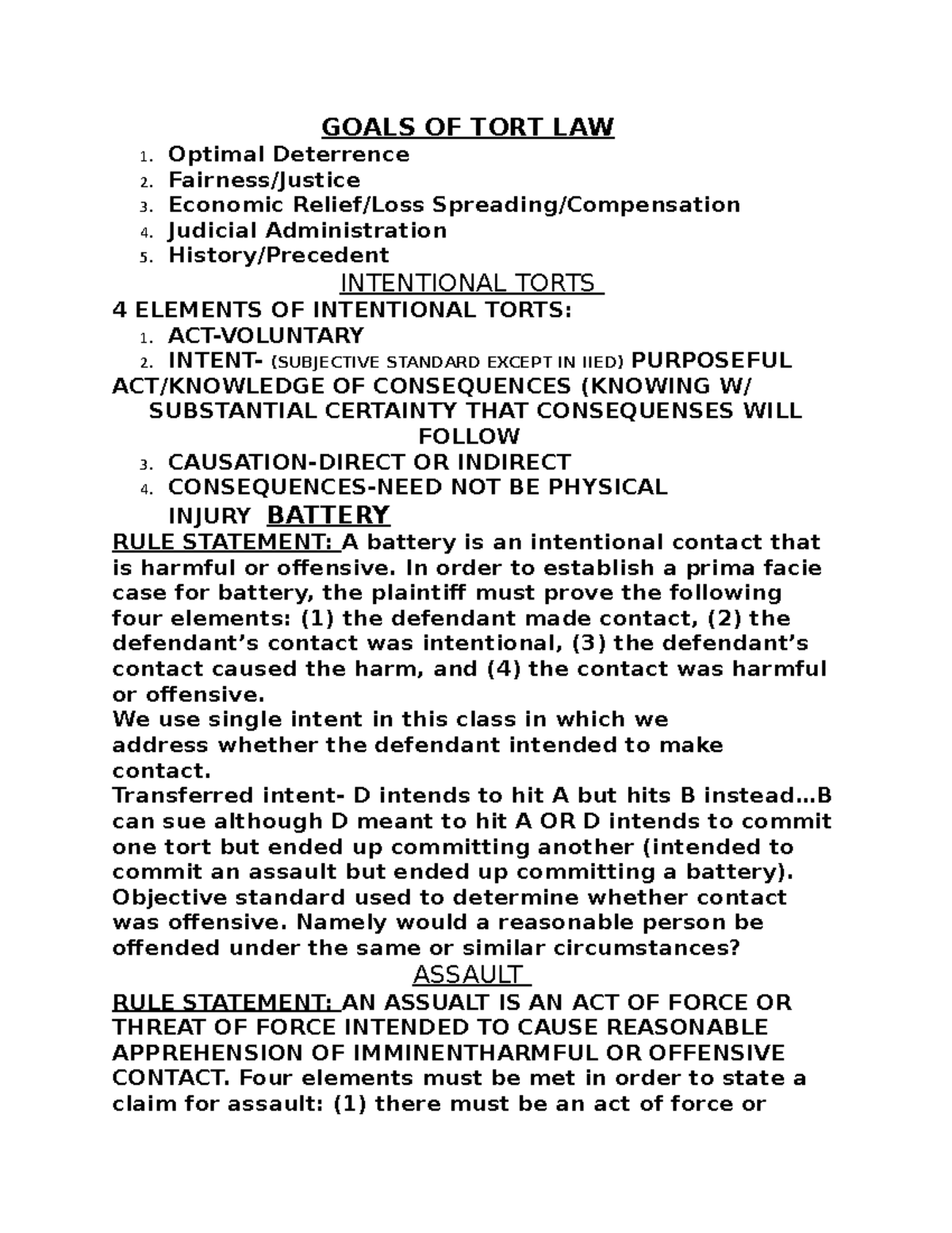 Torts Law Outline: Key Concepts and Intentional Torts Overview - Studocu