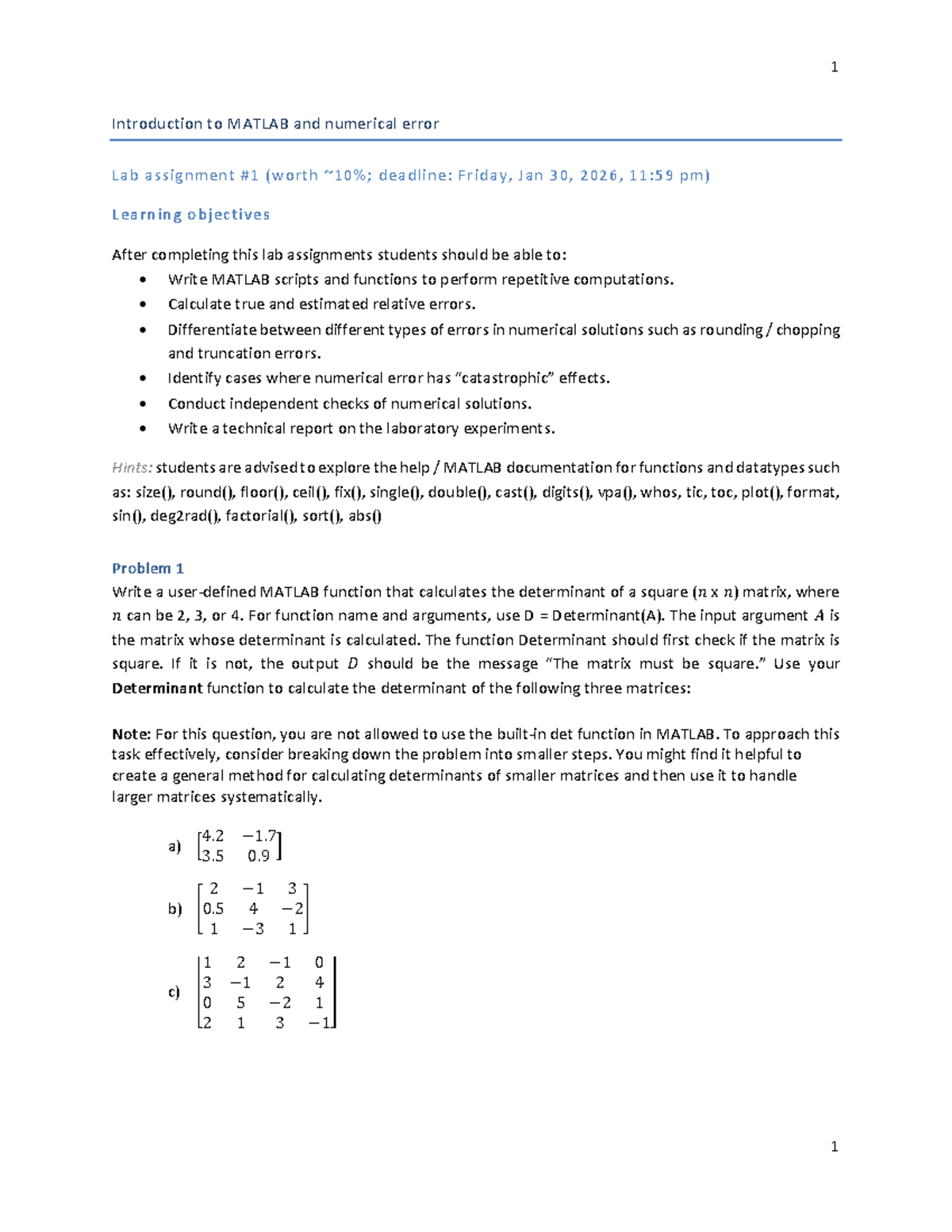 ENDG 407 Lab1 W2026 - Lab 1 - 1 1 Introduction to MATLAB and numerical ...