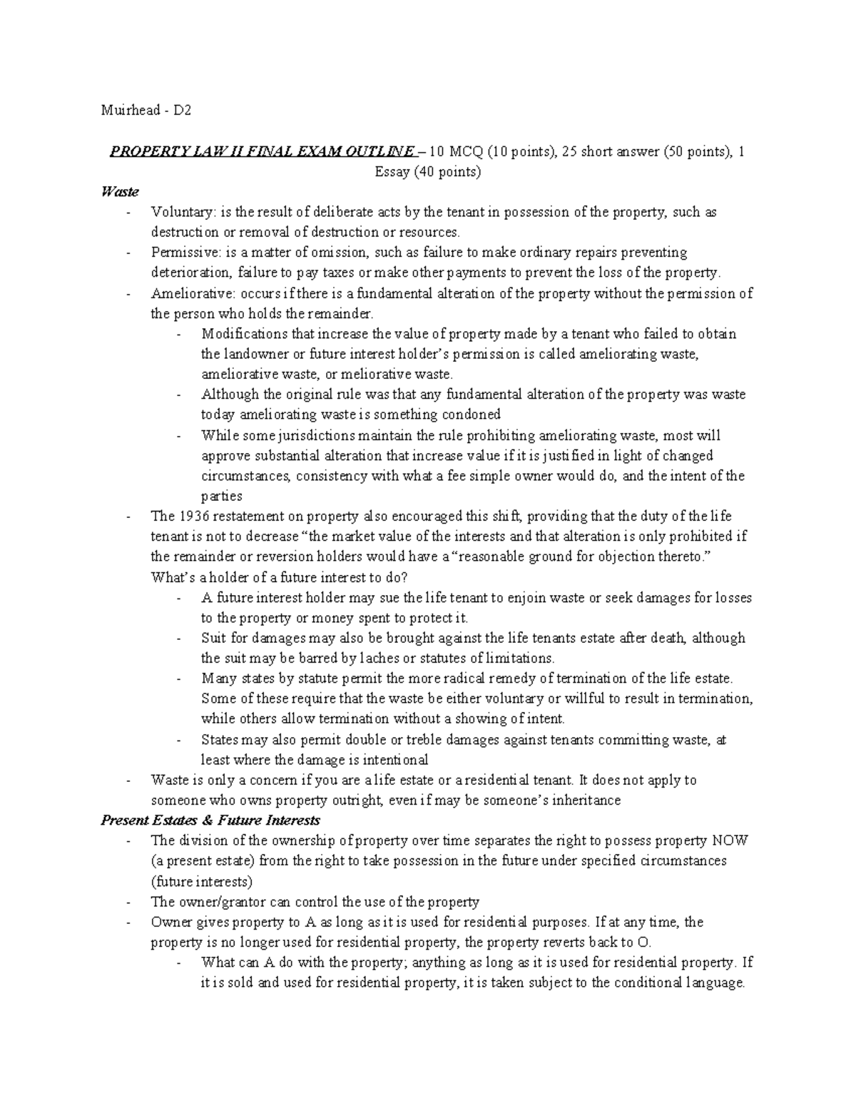 Muirhead D2 PROPERTY LAW II FINAL EXAM OUTLINE: Key Concepts and Cases ...