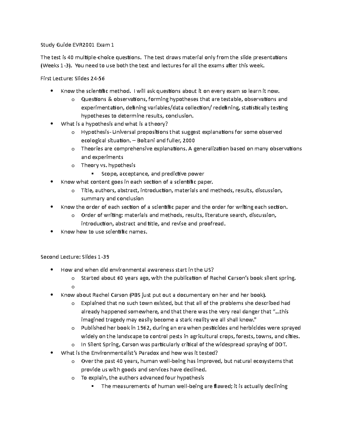 Study Guide EVR2001: Exam 1 Concepts and Key Topics - Studocu