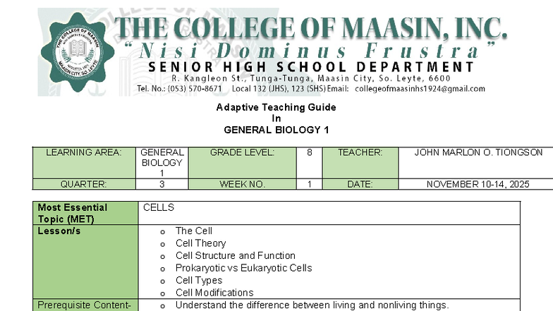 Q3 - WEEK 1 - a lesson plan in General Biology 1 - Adaptive Teaching ...