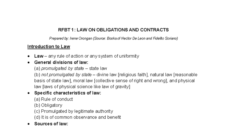 RFBT 1: Law on Obligations and Contracts Overview by Irene Orongan ...