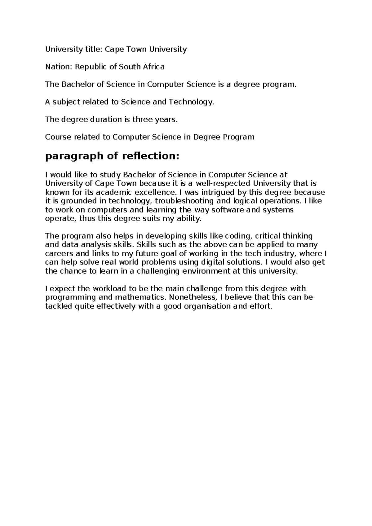 BSc in Computer Science Reflection - UCT Application Insights - Studocu