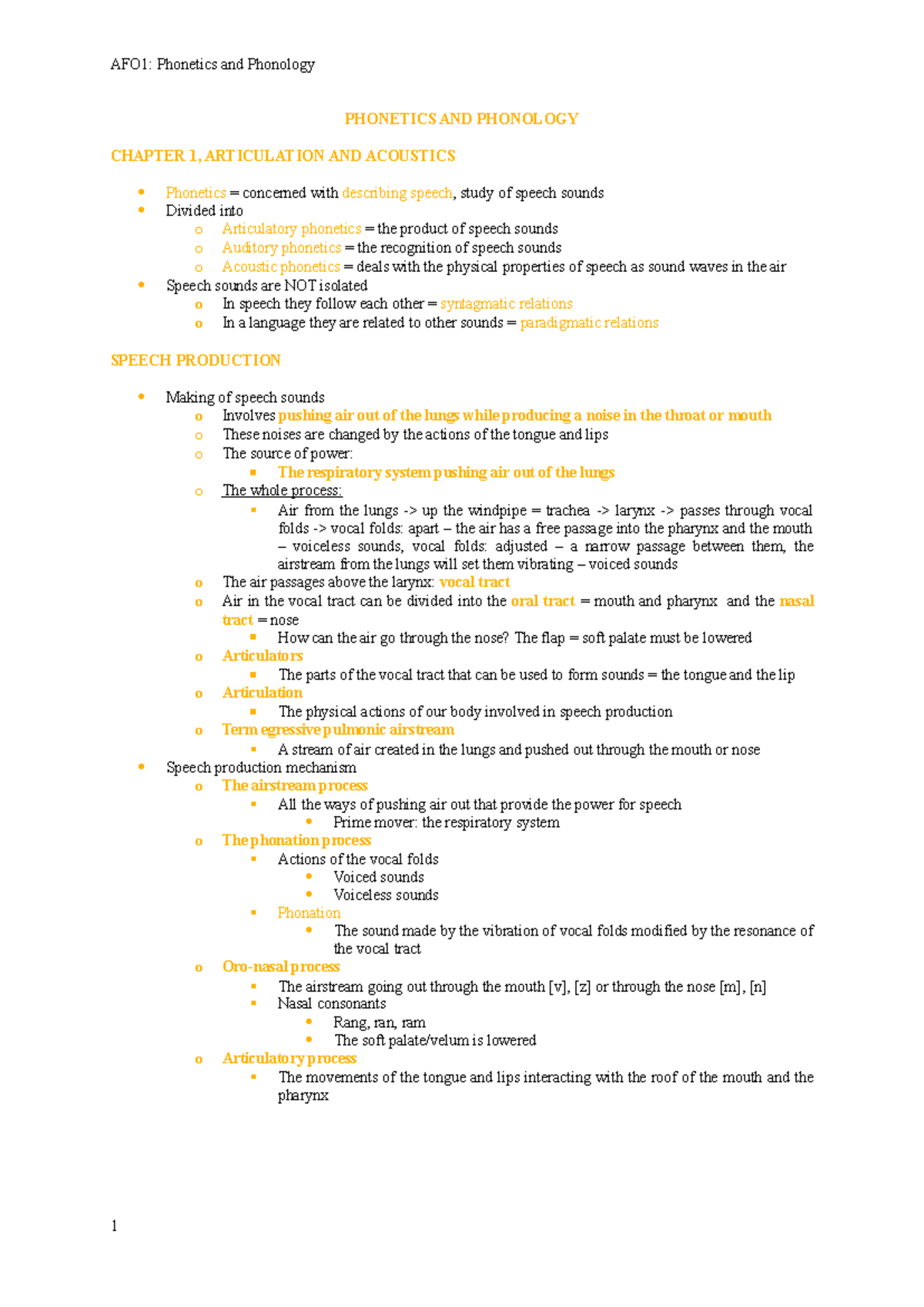 AFO1: Phonetics and Phonology Chapter 1 & 2 Reading Notes - Studocu
