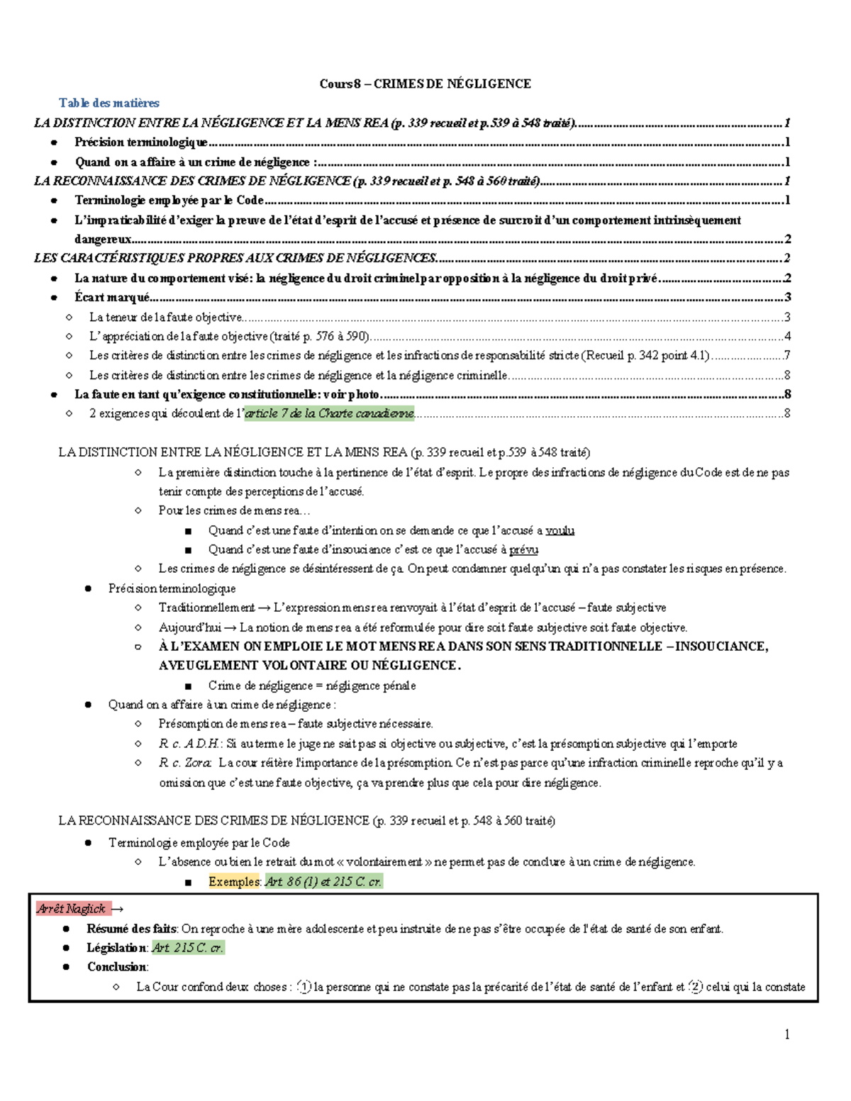 Droit PÉNAL Cours 8 : Crimes de Négligence et Mens Rea - Studocu