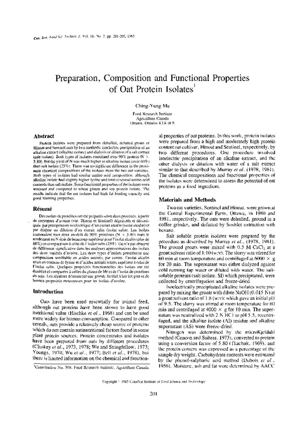 Preparation and Functional Properties of Oat Protein Isolates (Yungma ...