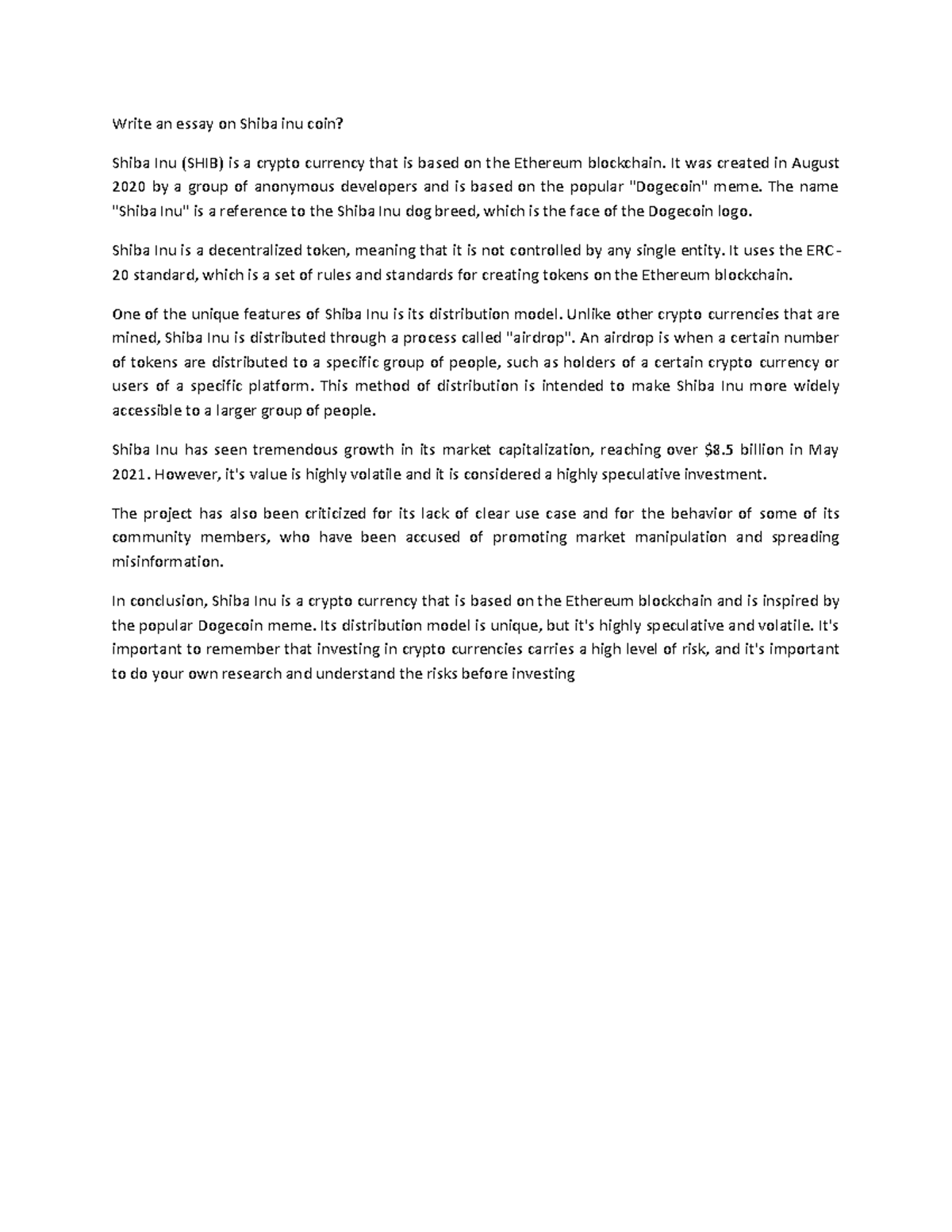 Essay on Shiba Inu Coin: Insights and Risks of SHIB Cryptocurrency - Studocu