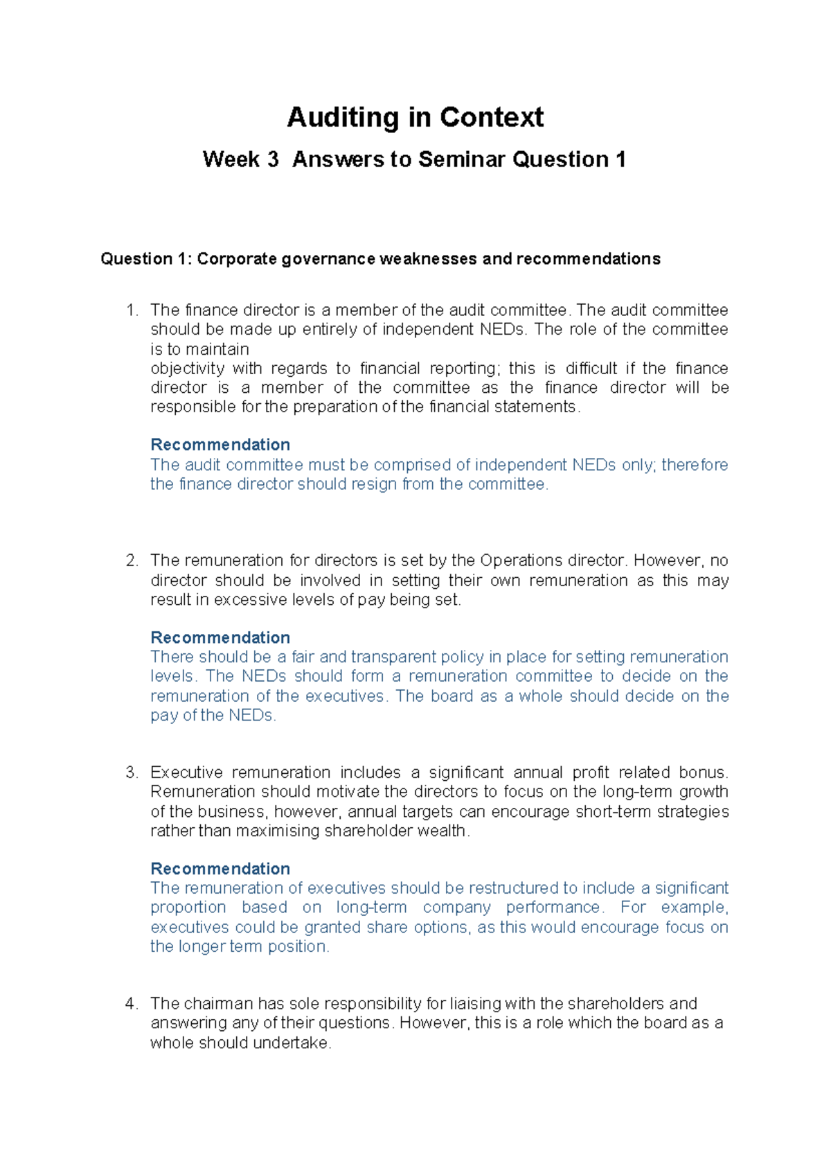 Auditing in Context: Week 3 Seminar Q1 Answers on Corporate Governance ...