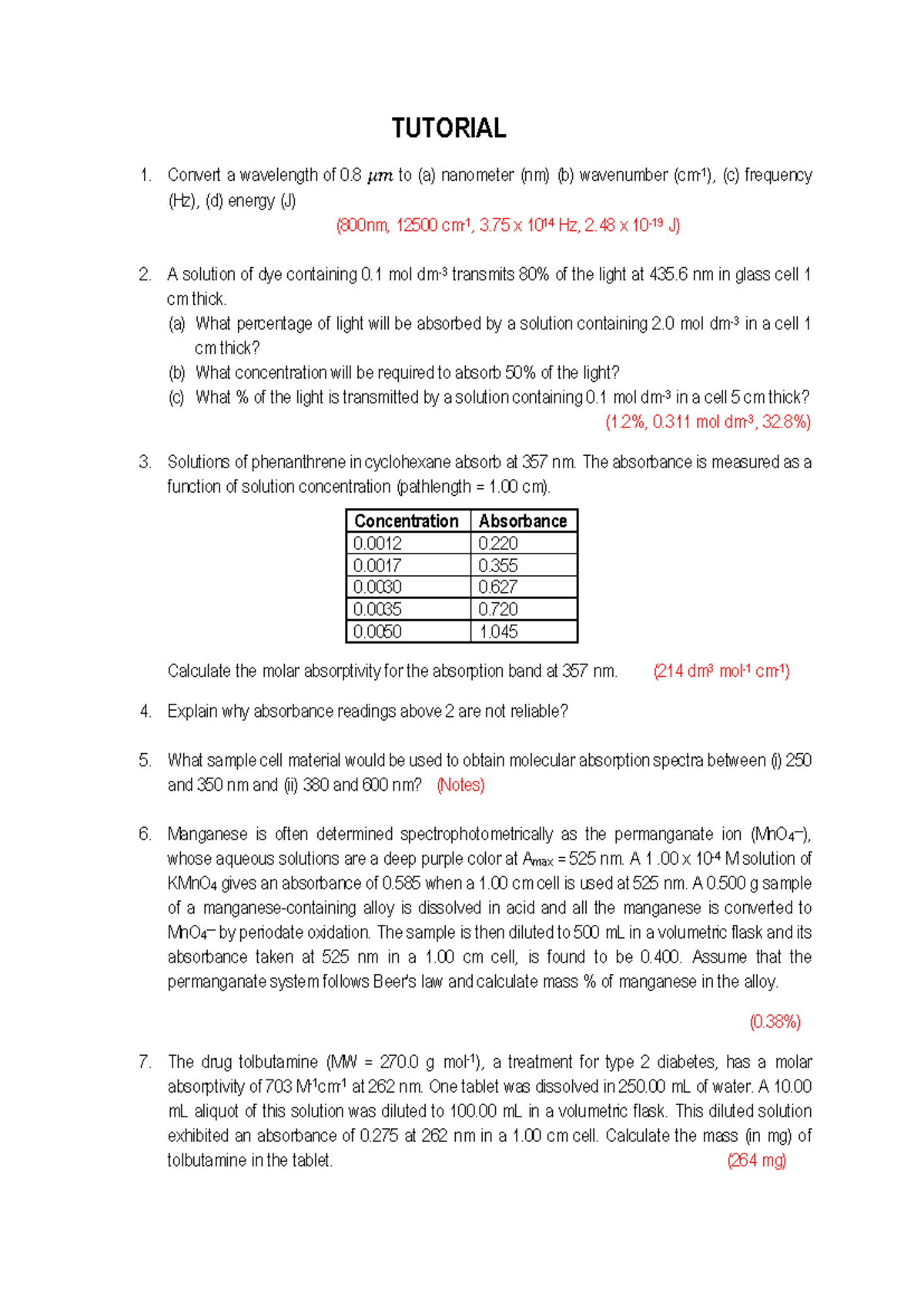 Spectroscopy Tutorial: Key Concepts and Calculations (TUTORIAL 1) - Studocu
