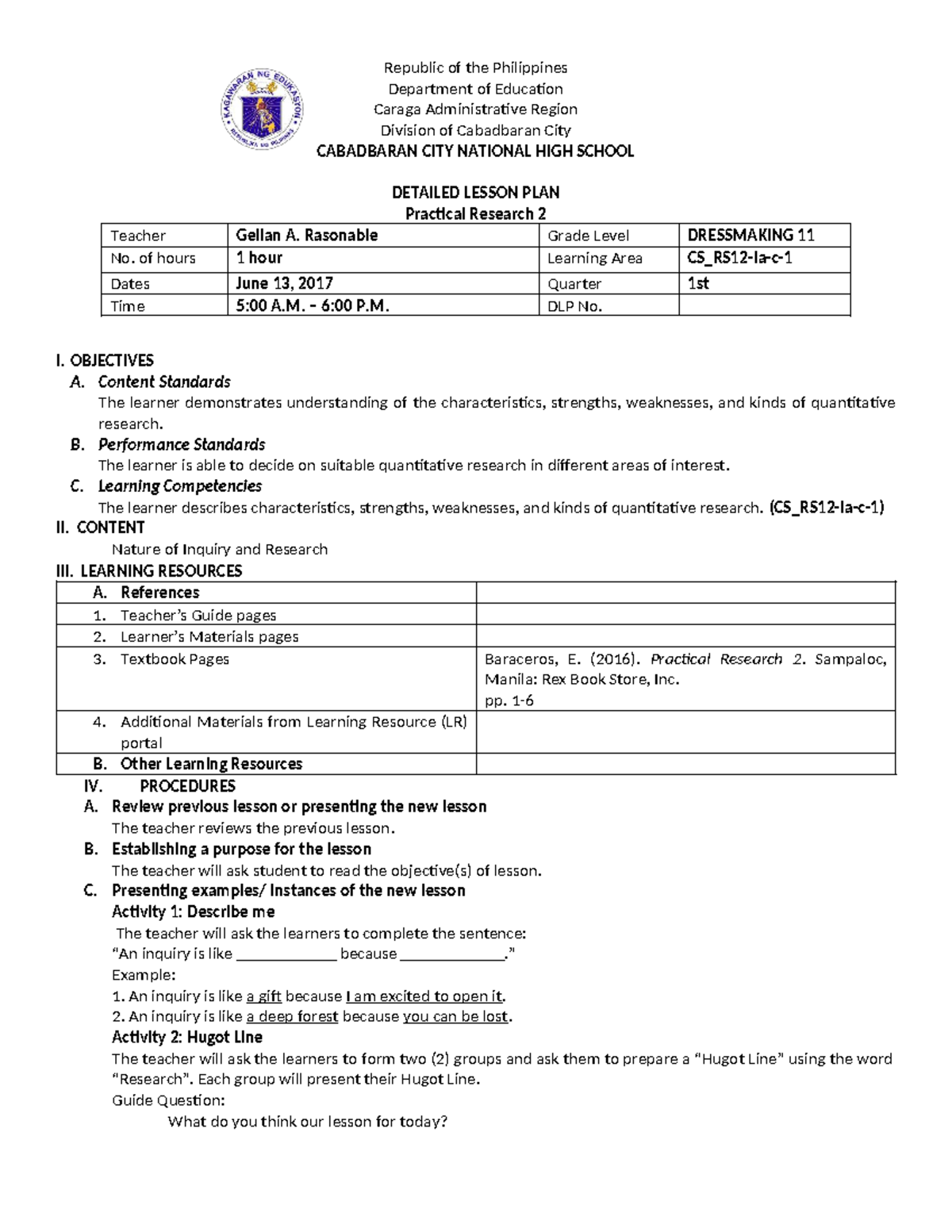DLP: Practical Research 2 Lesson Plan on Inquiry and Research - Studocu