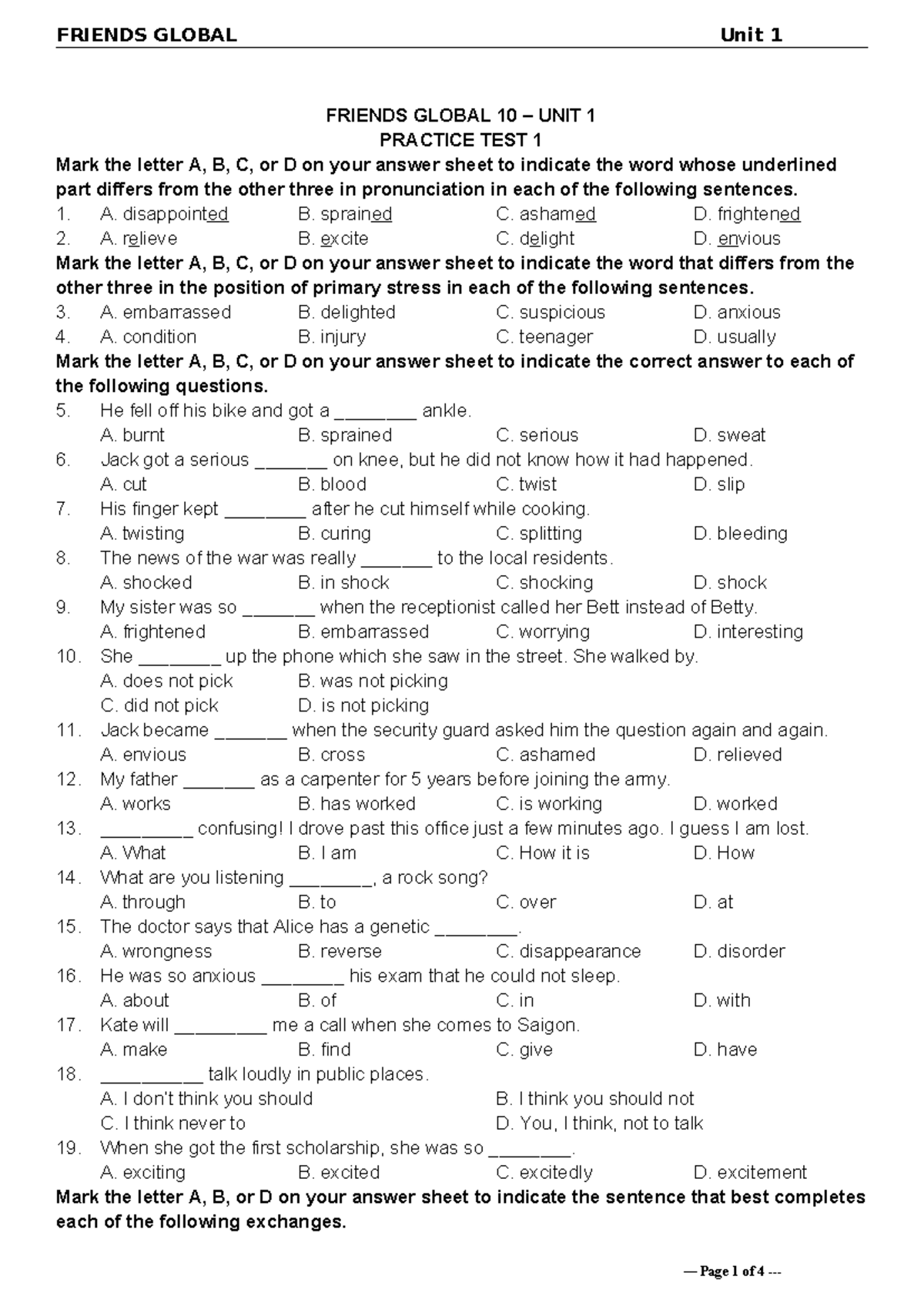 Tieng Anh 10 - Friends Global - Unit 1 - Practice Test 1 - Studocu