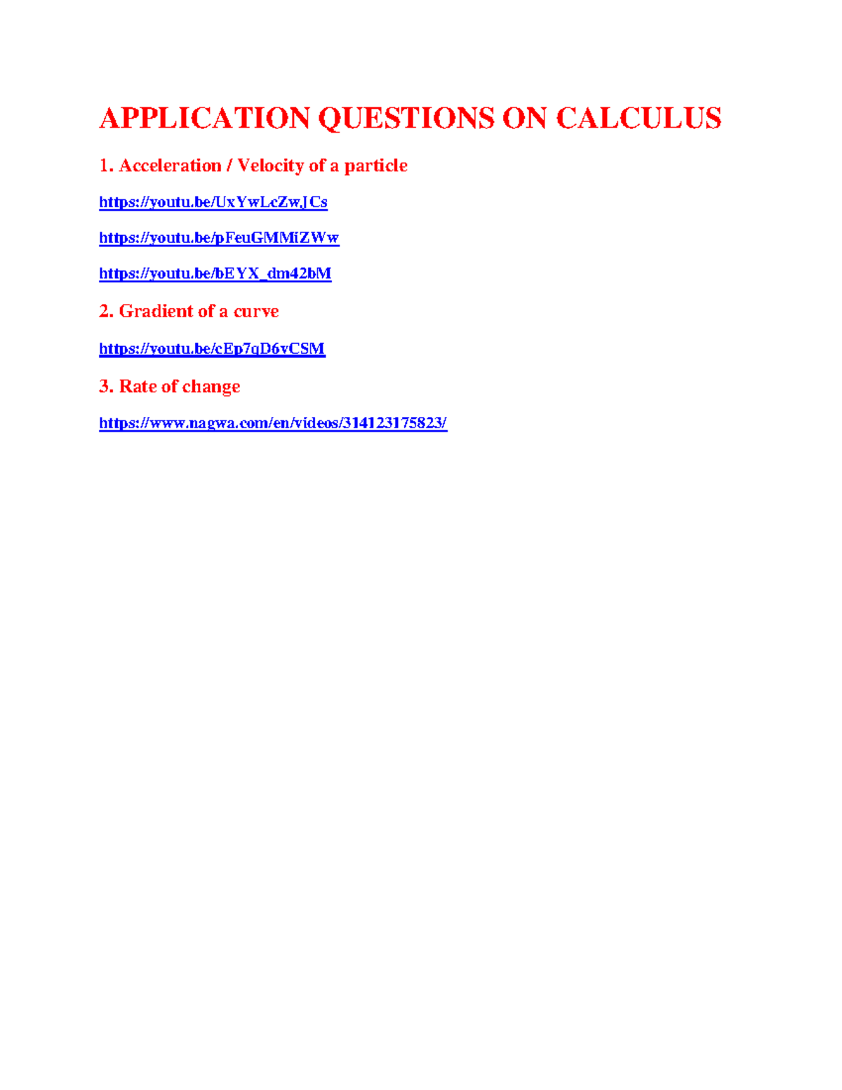 Application Questions ON Calculus - Calculus I - APPLICATION QUESTIONS ...