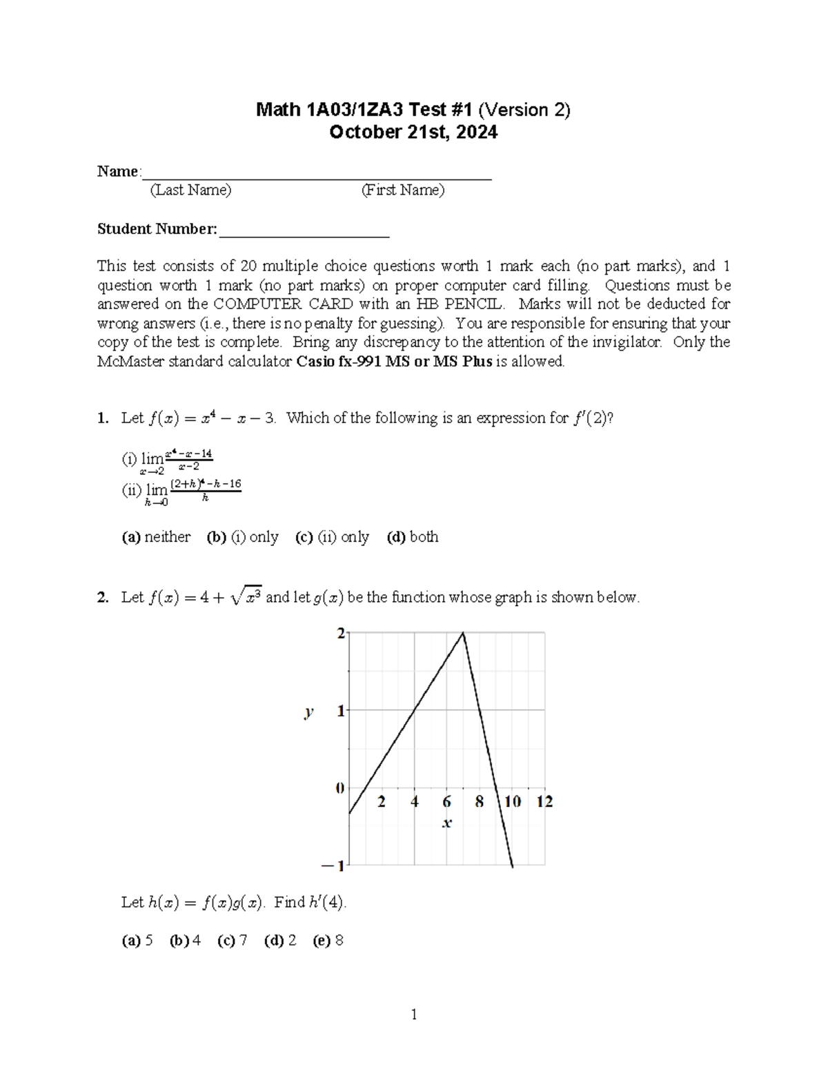 MATH 1ZA3 - Test 1 Answers - Version 2 (October 21, 2024) - Studocu
