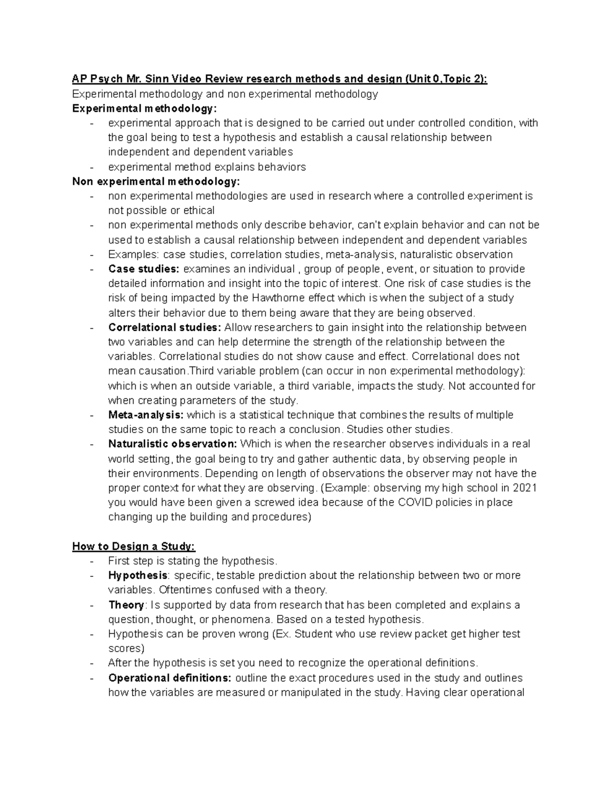 AP Psych Mr. Sinn Unit 0 Video Notes: Research Methods & Design - Studocu