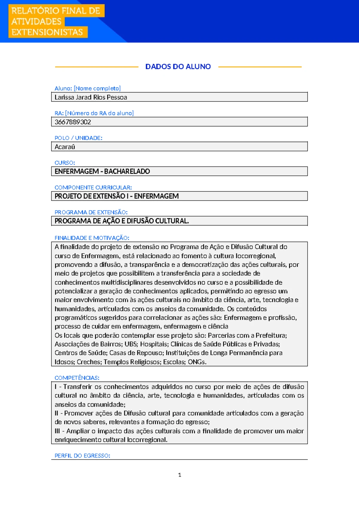 Relatorio Final (1) - projeto de extenção-enfermagem - DADOS DO ALUNO ...