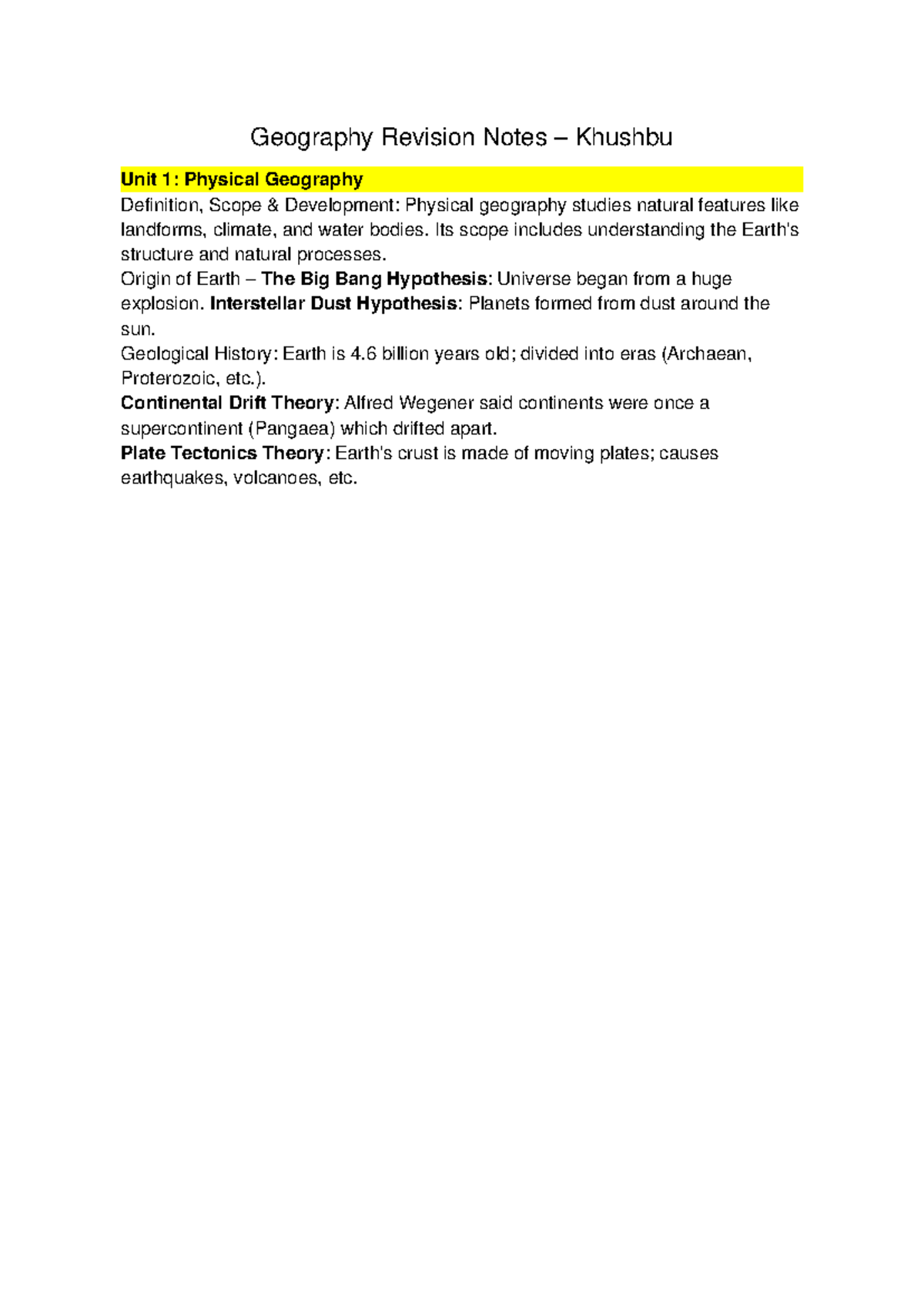 Geography Revision Notes (GEOG101): Physical & Cultural Geography - Studocu