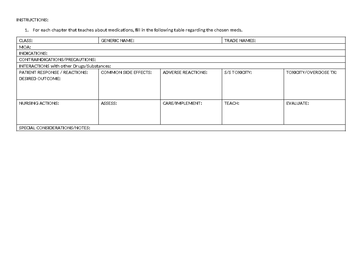 Med Card Assignment Template - NURS 3342 - INSTRUCTIONS: For each ...