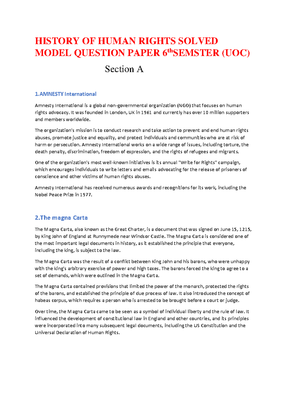 Solved QP1 Human rights - HISTORY OF HUMAN RIGHTS SOLVED MODEL QUESTION ...