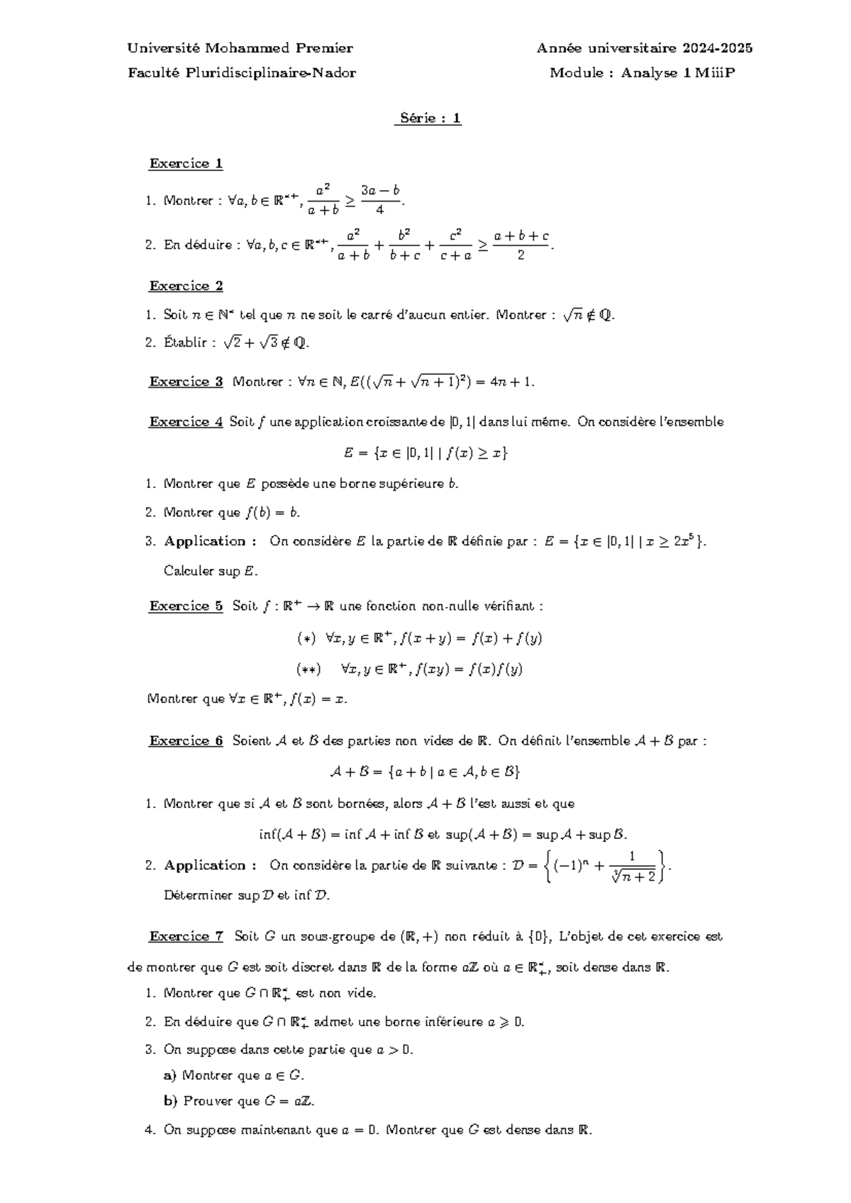 Analyse 1 - Td 1: Exercices et Solutions Complets - Studocu