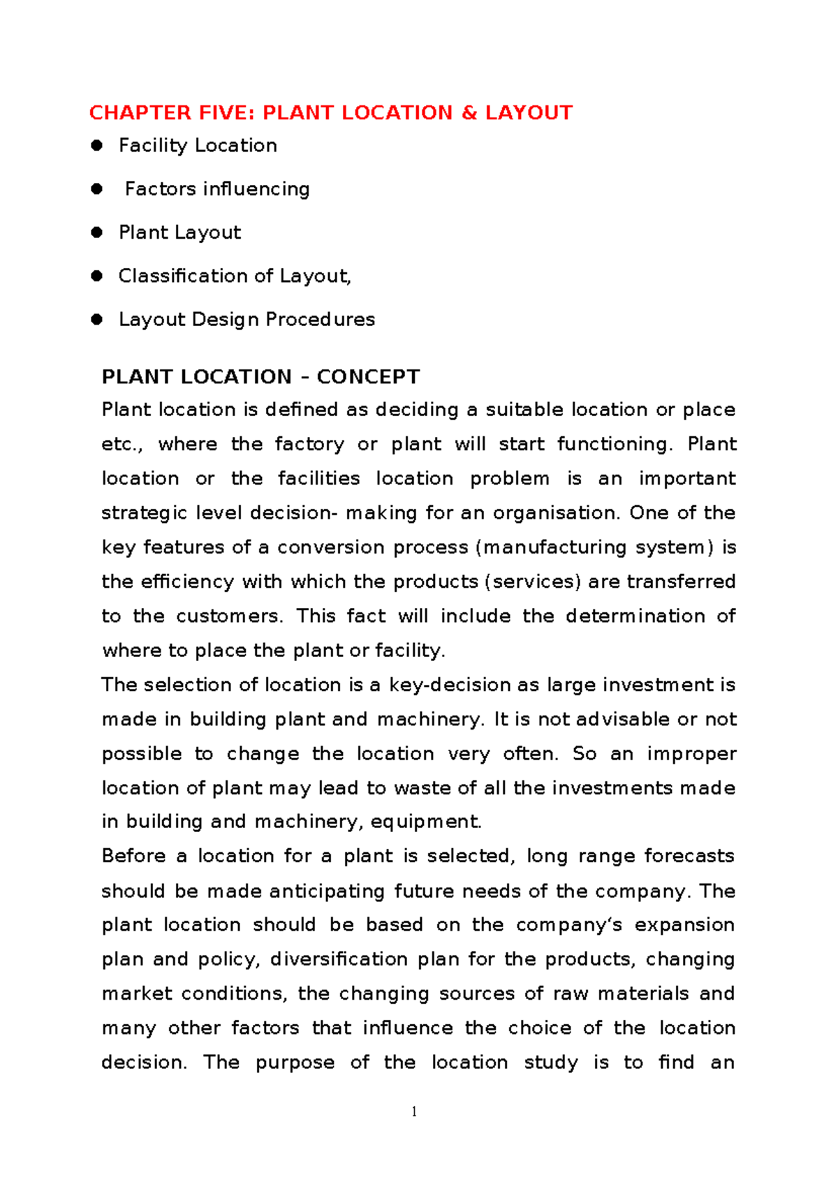 Chapter 5 Plant Location and layout - CHAPTER FIVE: PLANT LOCATION ...