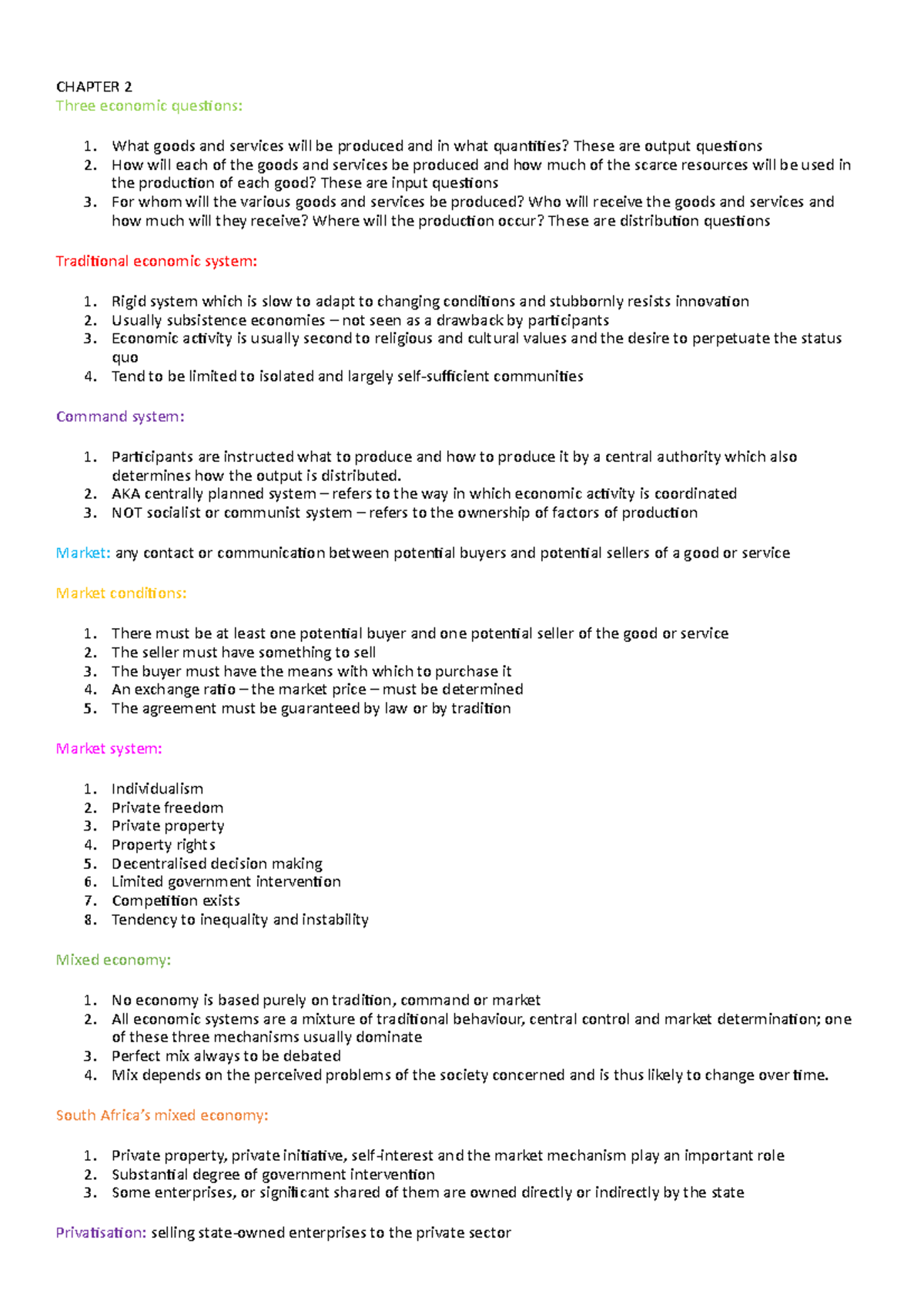 Chapter 2 Summary: Key Economic Systems in Economics - Studocu