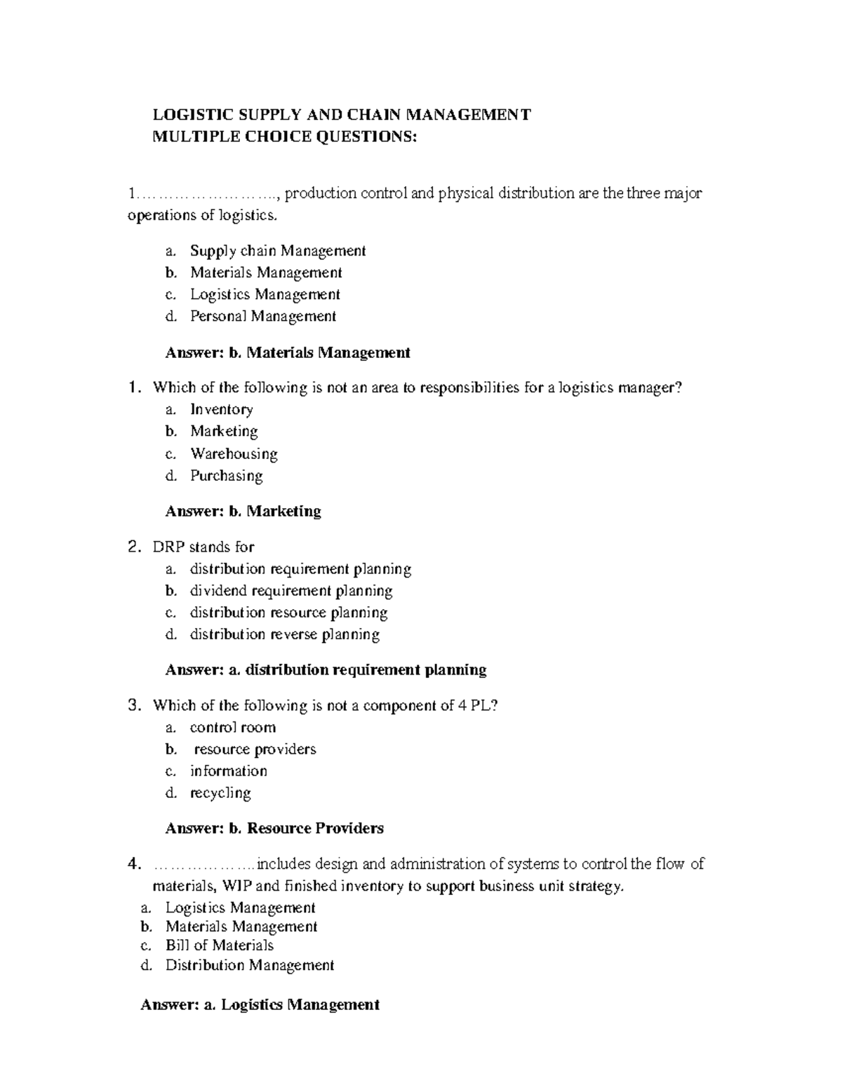 Trắc nghiệm 2 - Logistics Supply Chain Management Questions - Studocu