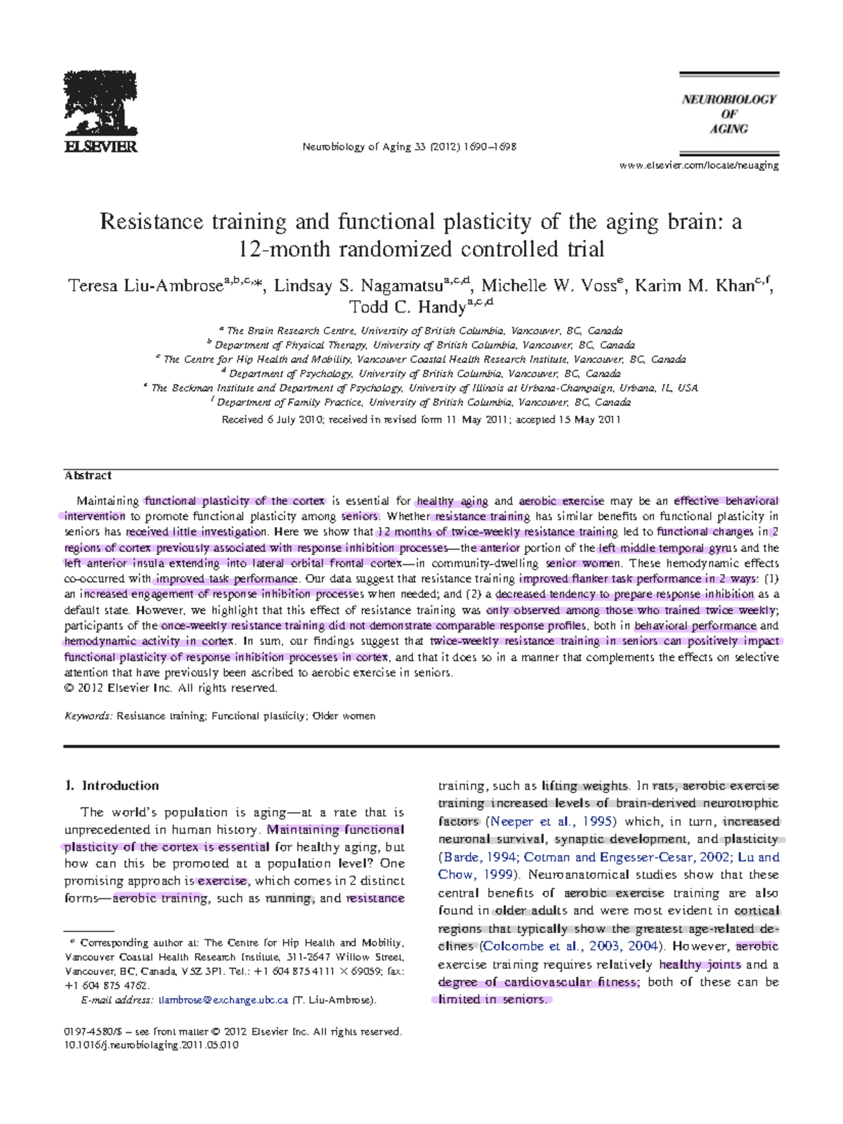 Resistance Training and Functional Plasticity in Aging Brain: A Study ...
