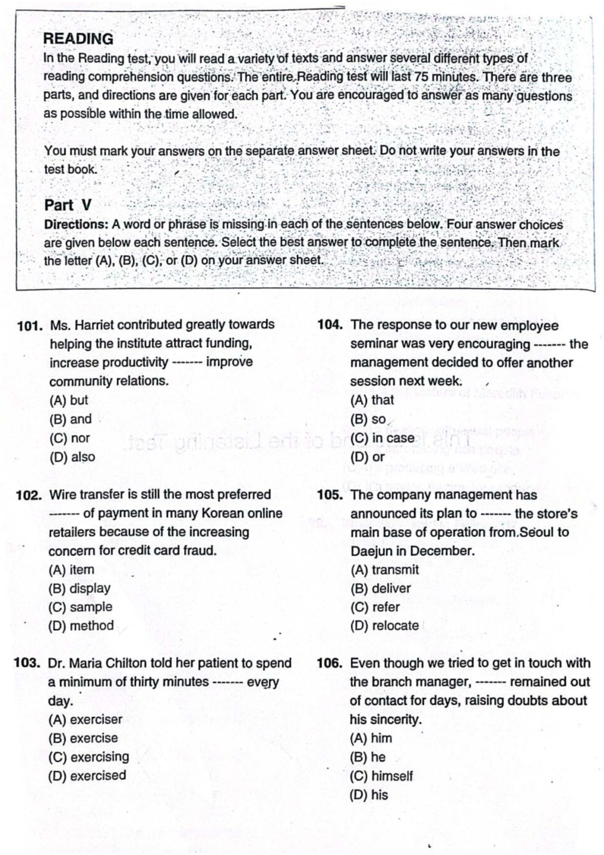 READING COMPREHENSION TEST PART V - SAMPLE QUESTIONS - Studocu