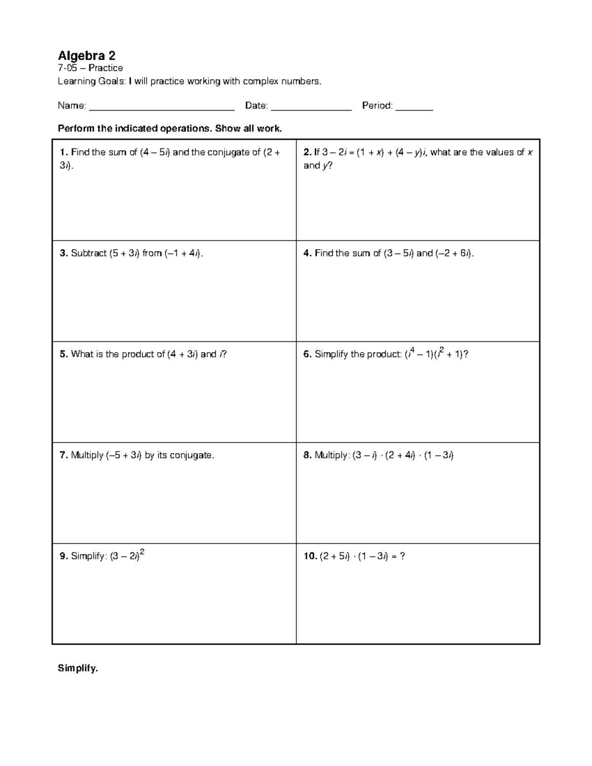 Algebra 2 Complex Numbers Worksheet: Practice Operations and Goals ...