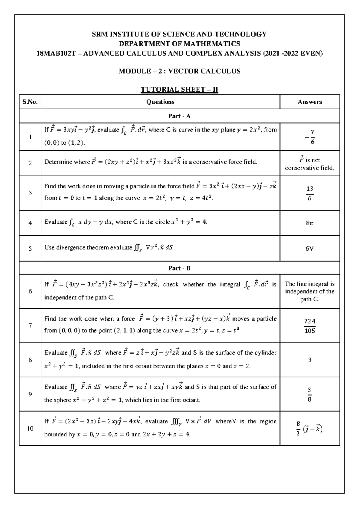 VECTOR CALCULUS TUTORIAL SHEET 1 - Questions Answers Part - A 1 Find ...