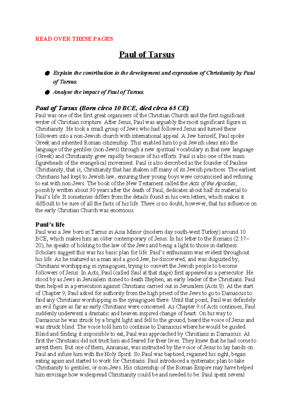 Paul of Tarsus: Key Contributions to Christianity - Course Notes - Studocu