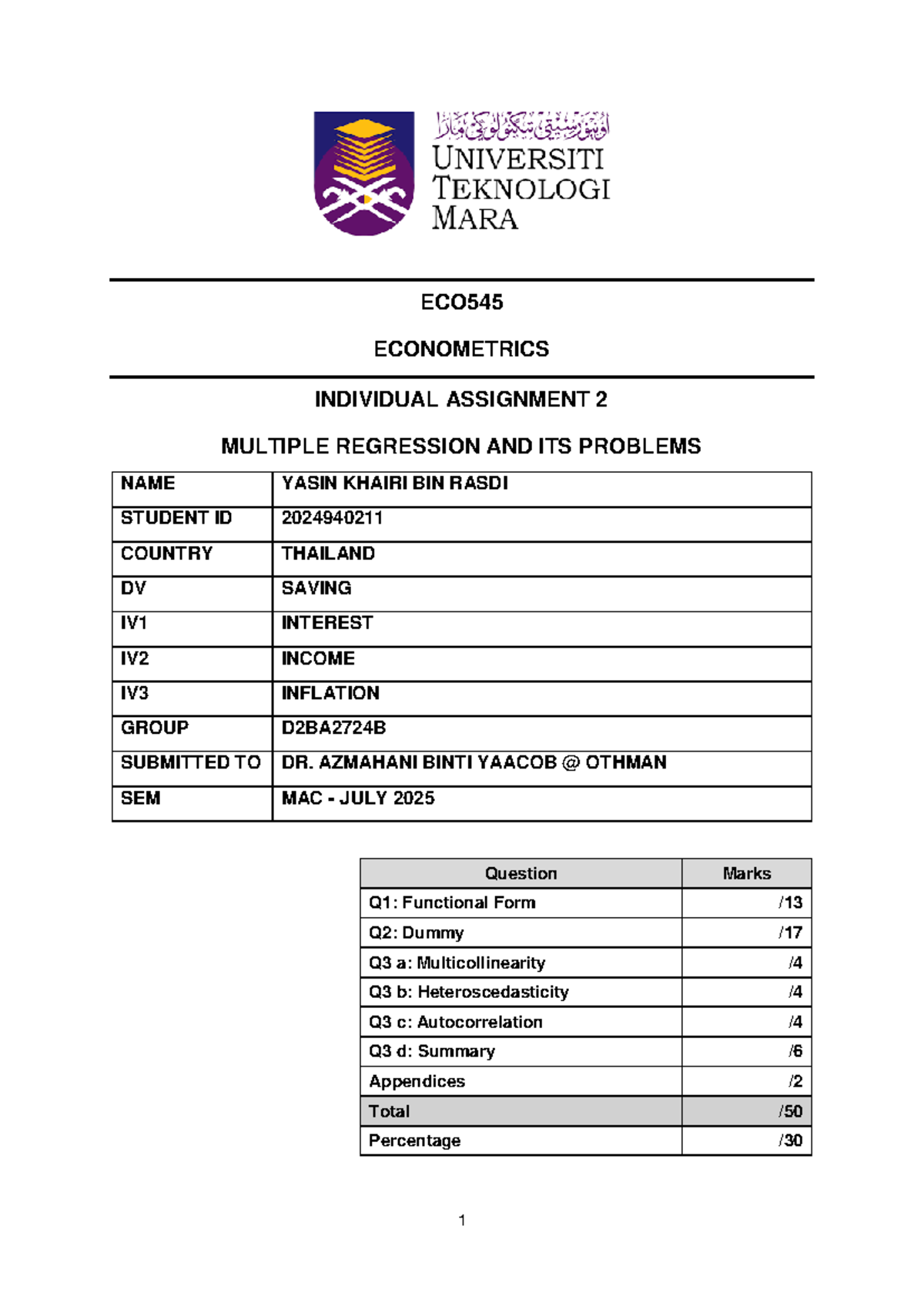 ECO545 Individual Assignment 2: Multiple Regression Analysis and Issues ...