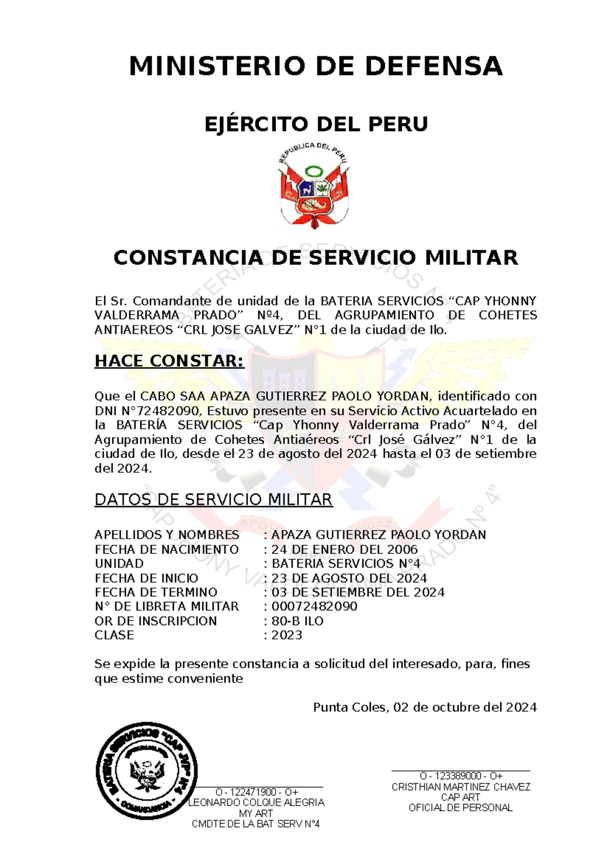 Constancia de Servicio Militar - Ejército del Perú 2022 - Document Preview
