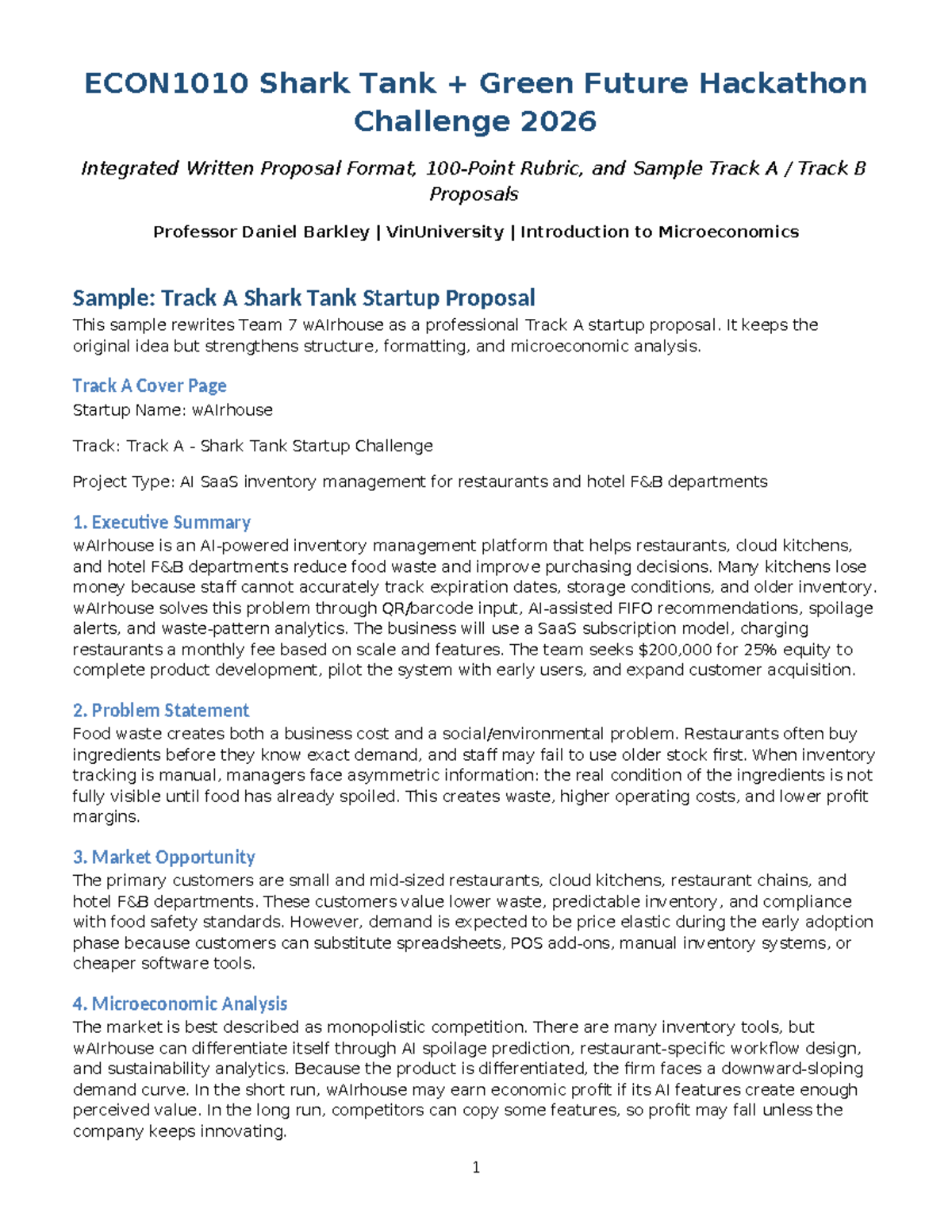 ECON1010 Shark Tank Green Future Challenge 2026 Proposal Samples - Studocu